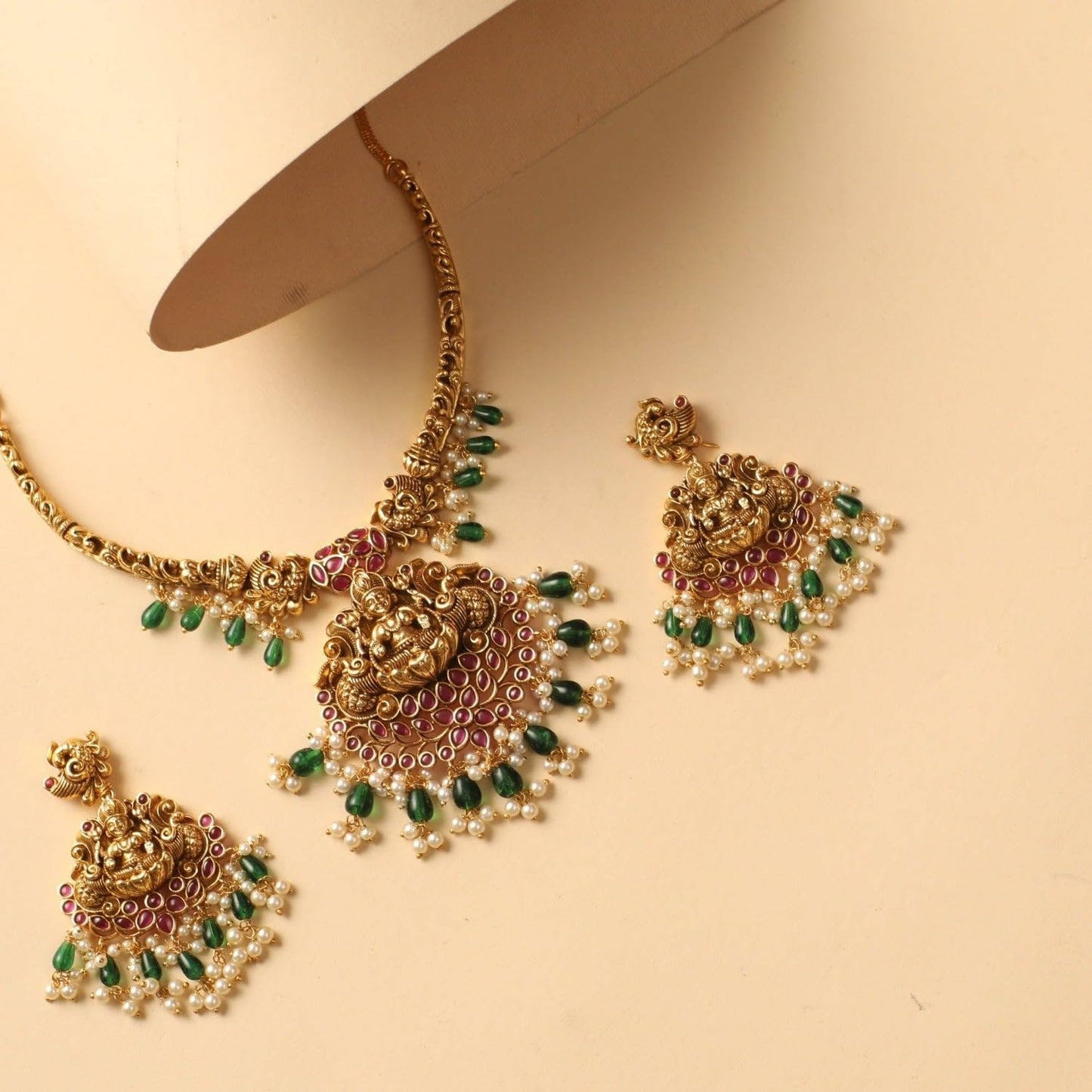 TARINIKA Antique Gold Plated Anandi Short Necklace Set with temple design - Indian Jewelry Sets for Women | Perfect for Ethnic Occasions | Traditional South Indian Necklace | 1 Year Warranty*