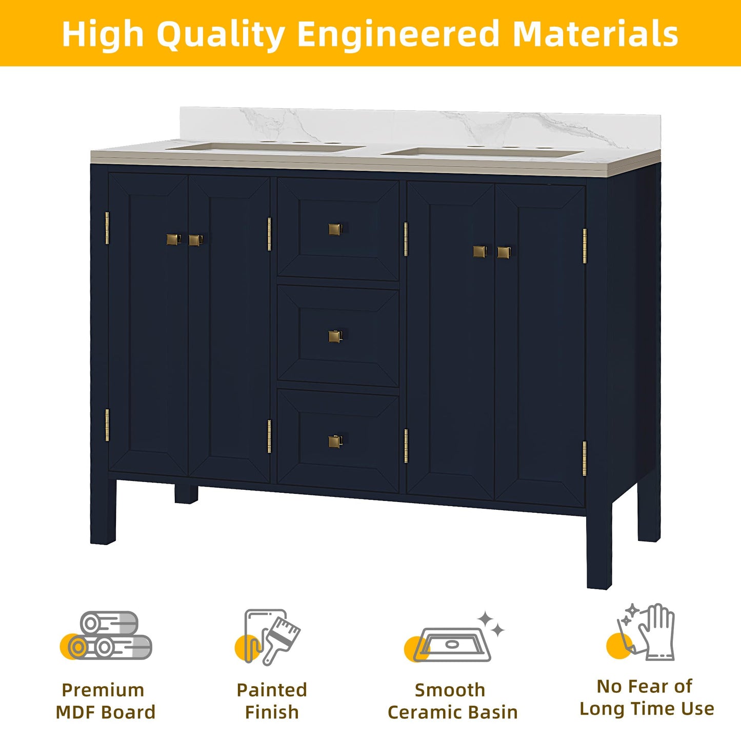 DWVO 47 Inch Bathroom Vanity with Double Sink, Retro Bathroom Storage Cabinet with Sintered Stone Countertop, Six Holes, 4 Doors & 3 Drawers