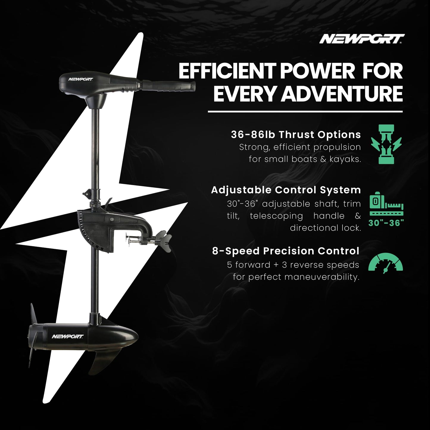 Newport NV-Series 36lb Thrust Saltwater Transom Mounted Electric Trolling Motor with LED Battery Indicator & 30" Shaft