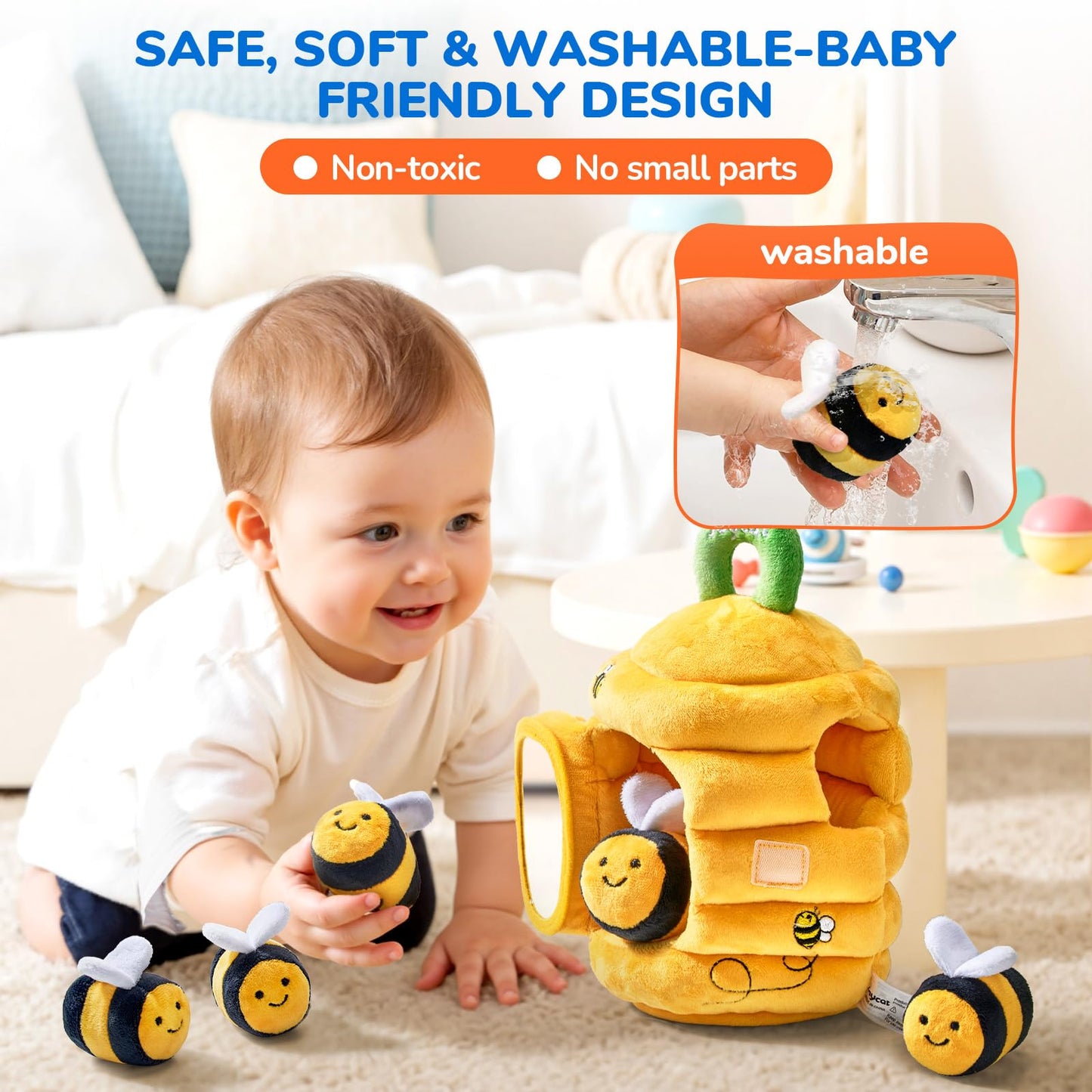 JoyCat Baby Toys 6-12 Months - Soft Baby Beehive with 5 Sensory Bees + Silicone Alphabet Magnetic Letters, 26 Uppercase ABC Fridge Magnets for Toddlers