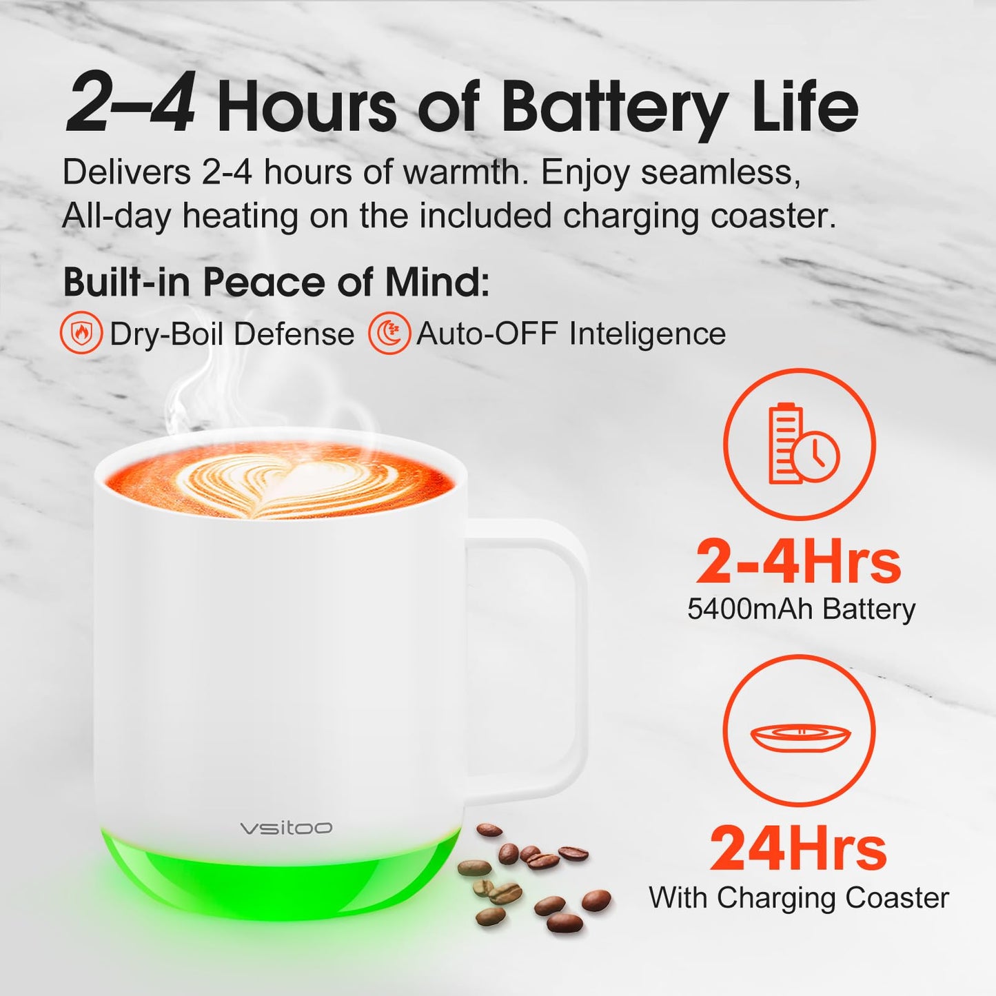 Vsitoo S6 Plus Smart Coffee Mug, 12oz,Temperature Controlled Mug & Electric Coffee Mug with Music Sync Lights，Auto-Sensing AI Heats Drinks to 120-150°F Hands-Free. Ideal for Home/Office/Gifts - White