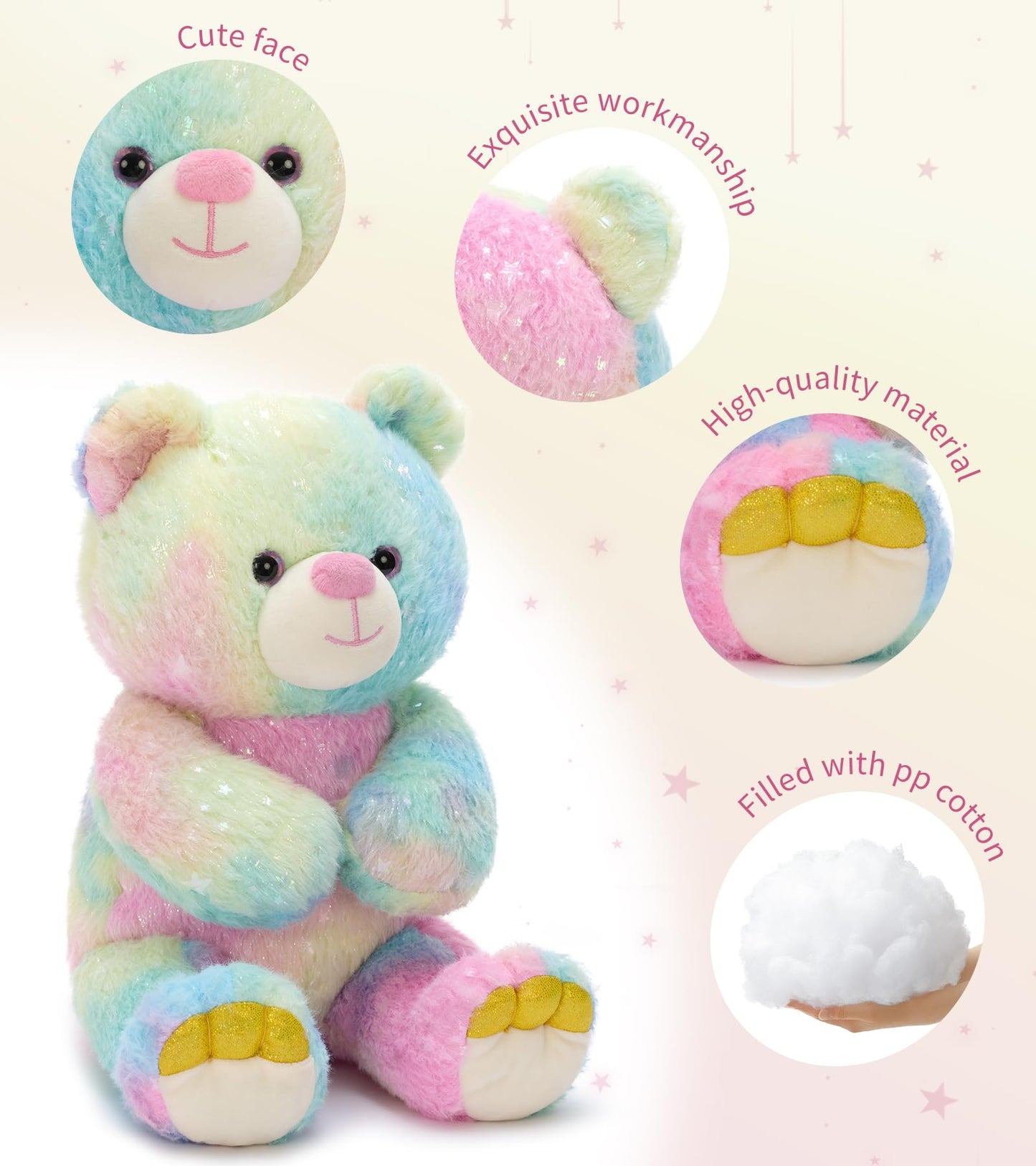 Tezituor Rainbow Teddy Bear Stuffed Animal,13.78in Cute Bear Plush Toys, Cozy Bears Plushies,Stuffies for Girlfriend, Kids Valentine’s Day,Christmas,Birthday Gifts,Huggable Medium Size(Rainbow)