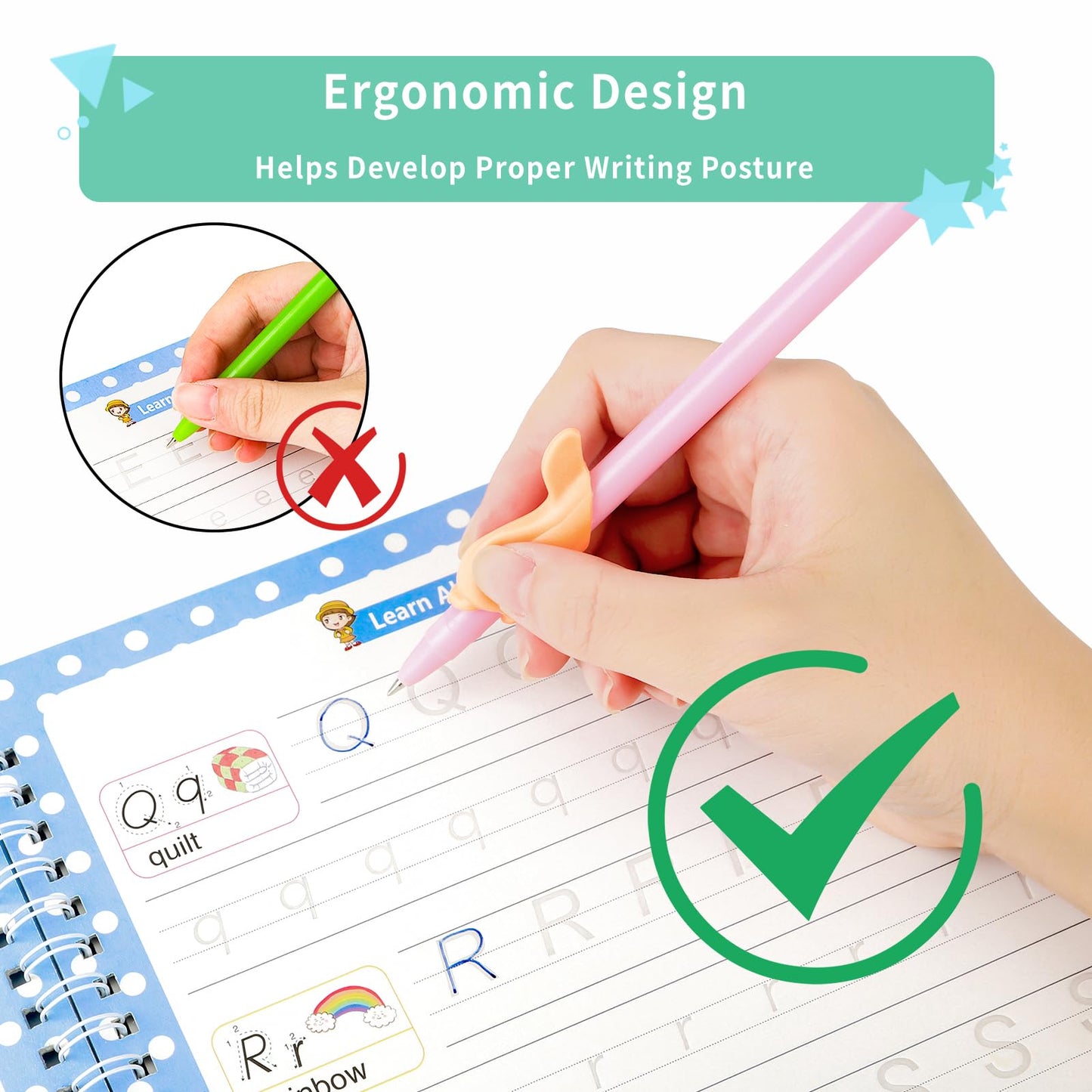 Reusable Grooved Handwriting Practice Workbooks for Kids Ages 3-8 – Magic Disappearing Ink & 3D Groove – Preschool Kindergarten Children Writing Books with Pen Grips