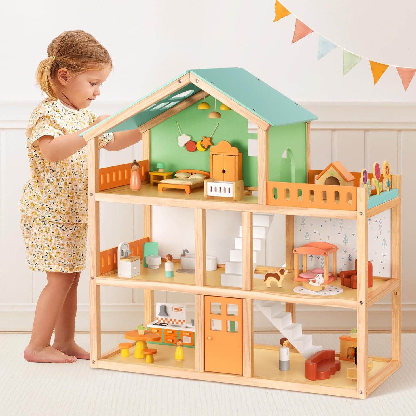 OOOK Large Wooden Dollhouse with 42 Pcs Luxurious Furniture Accessories, 3-Story Doll House 6 Rooms Balcony Wooden Stairs, Ideal Modern Doll House for 3 Year Old