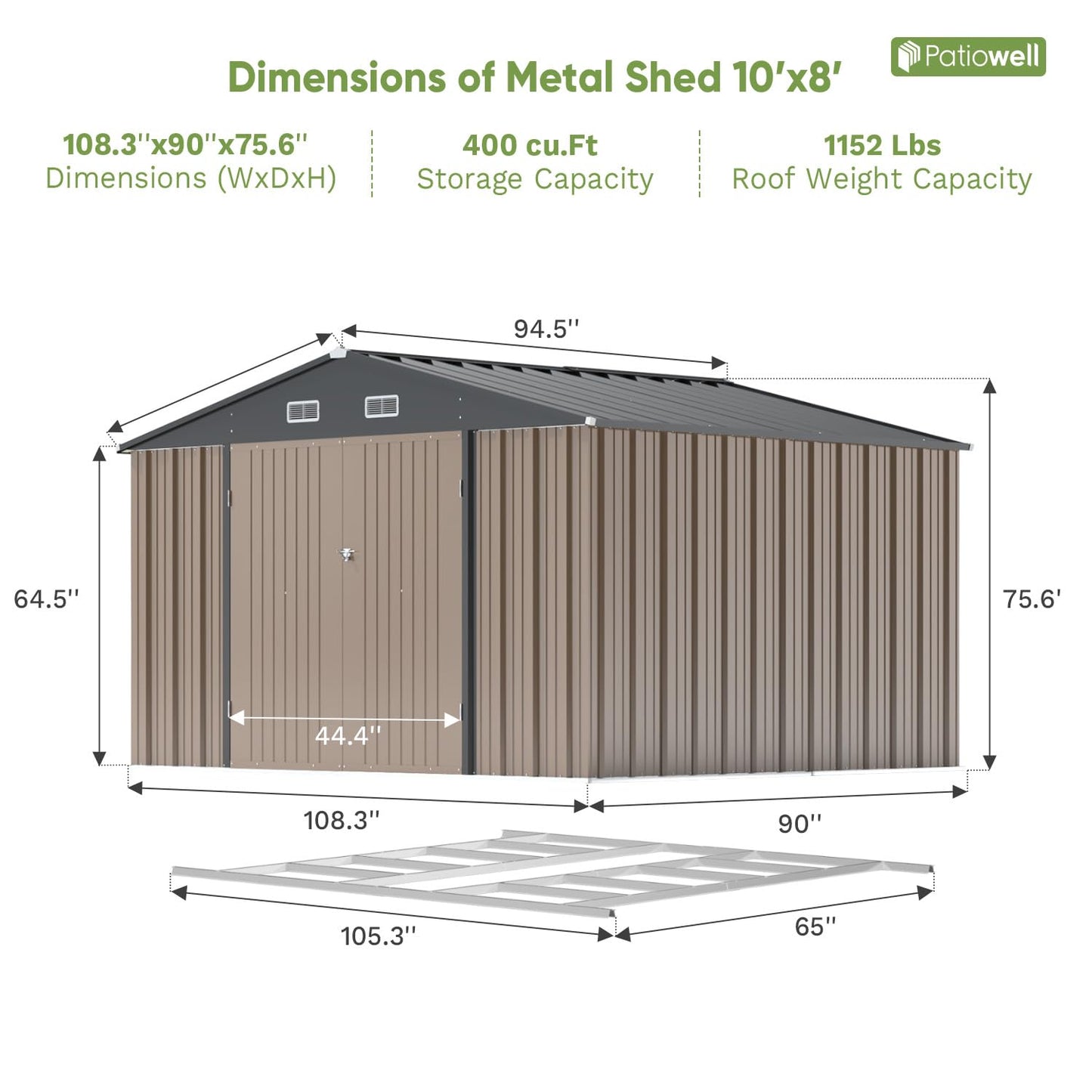 Patiowell 10 x 8 FT Outdoor Storage Shed with Floor Frame, Large Garden Tool Metal Shed with Sloping Roof and Double Lockable Door for Backyard Garden Patio Lawn,Brown