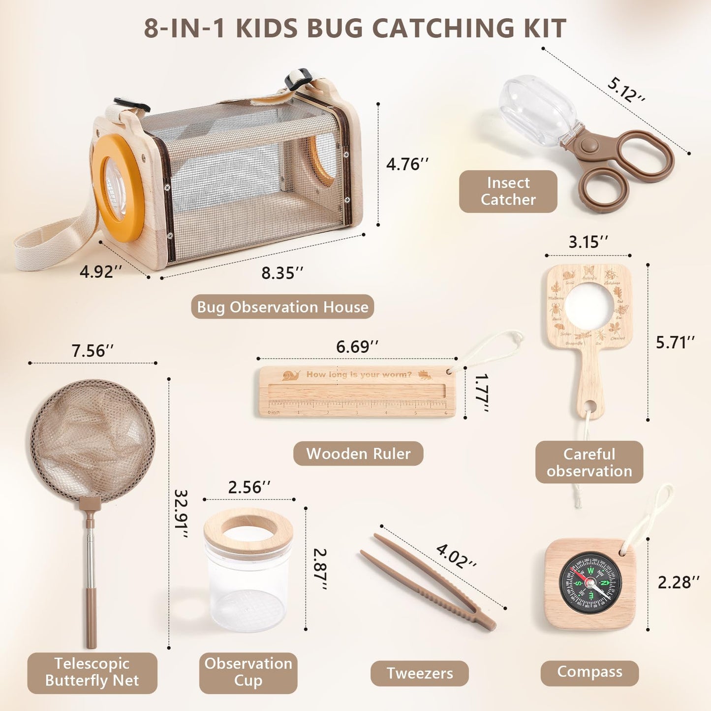 Montessori Wooden Bug Catcher Kit for Kids - 8-in-1 Outdoor Explorer Set with Habitat, Net & Magnifying Glass STEM Learning Toys for Ages 3-8 Nature Gift for Boys & Girls
