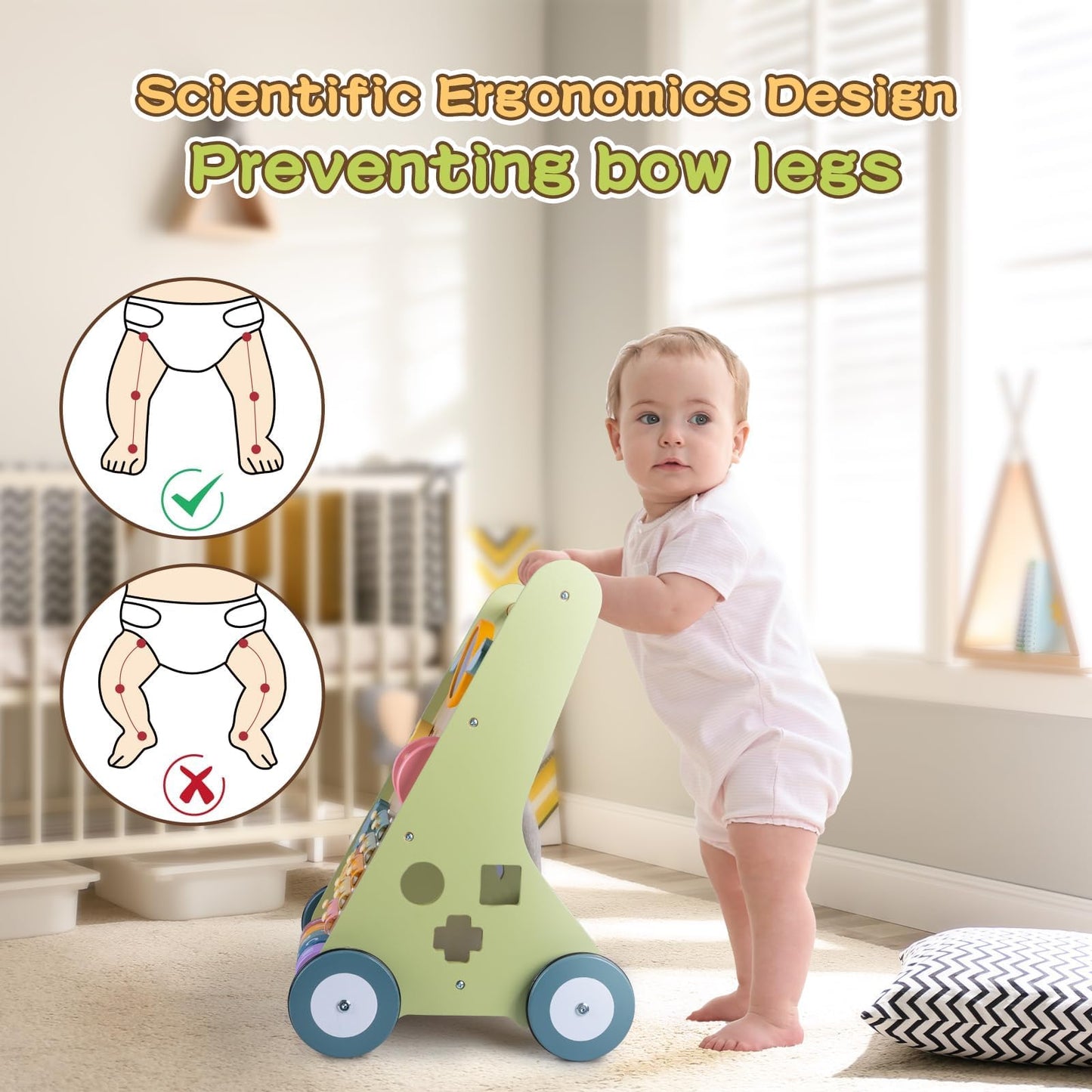 LOL-FUN Wooden Baby Walker with Wheels, Baby Walker for Boys 12 Months Push Toy, Montessori Walking Toys for 1 Year Old Activity Center
