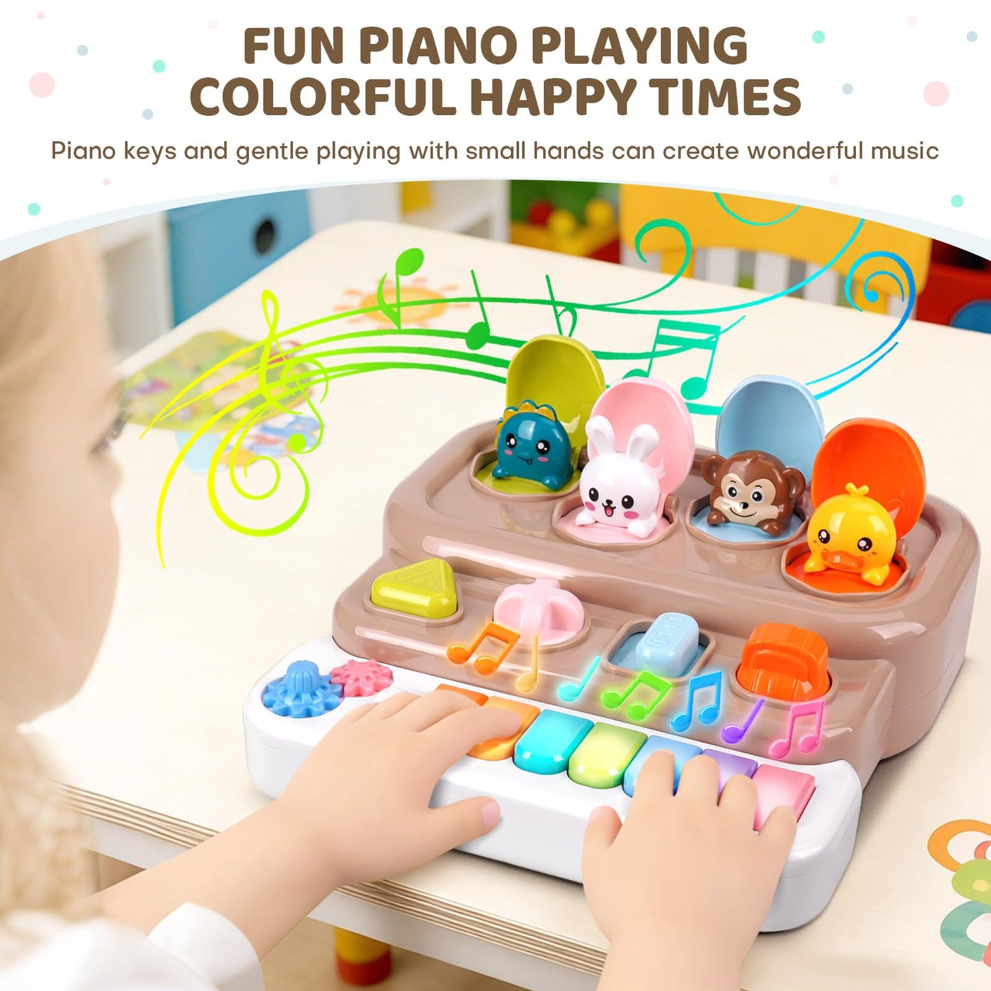 LESSETI Interactive Pop Up Toy with Piano Keyboard - Cause and Effect Animal Toy with Music and Light for Toddlers 1-3, STEM Learning Educational Baby Toys, Birthday Gifts for Boys Girls 6-12 Months
