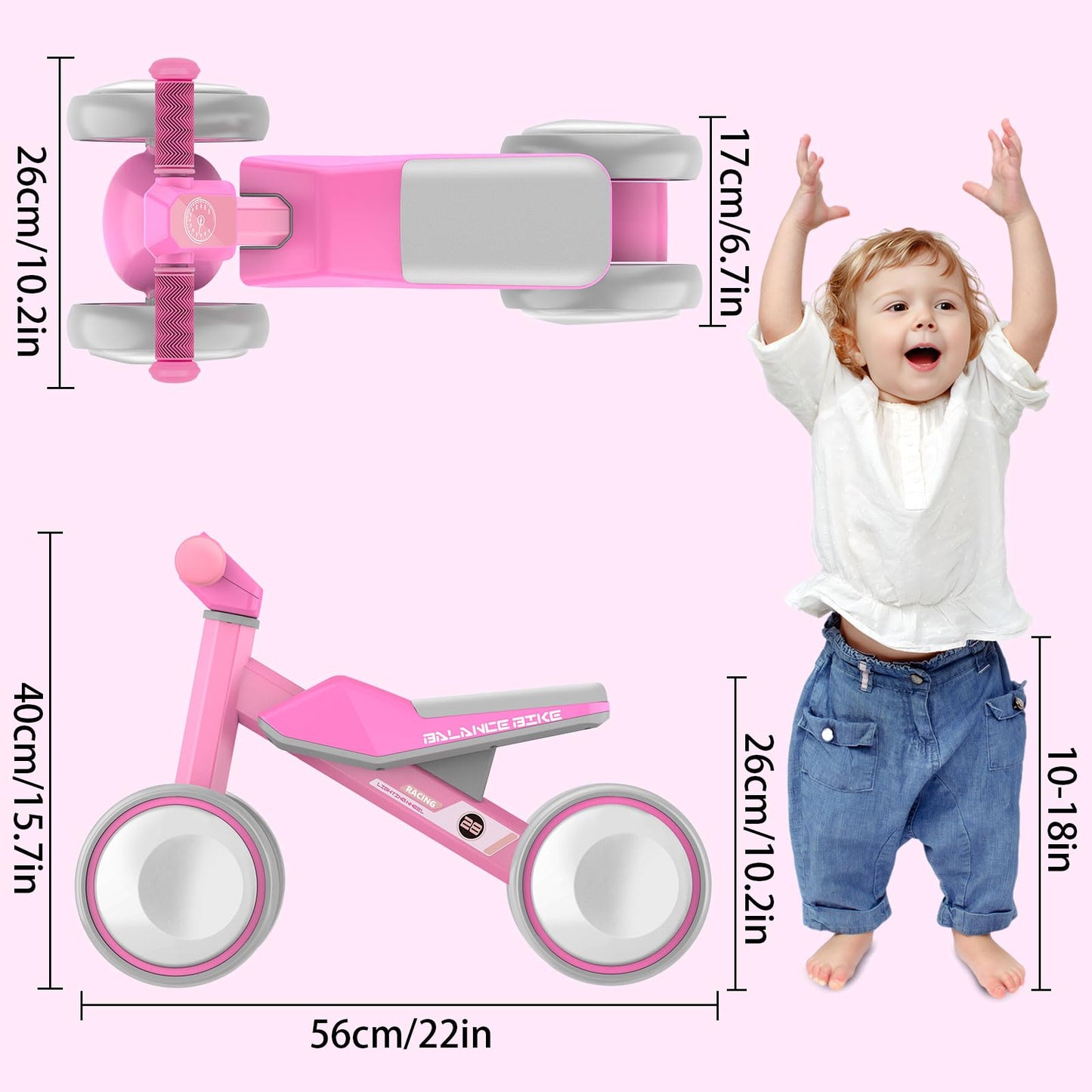 ESPRAY Colorful Lighting Baby Balance Bike Toys for 1 Year Old Girls Gifts, Toddler First Bike 12-24 Months with Adjustable Soft Seat, 4 Silent Wheels Ride on Toy, Perfect First Birthday Gift