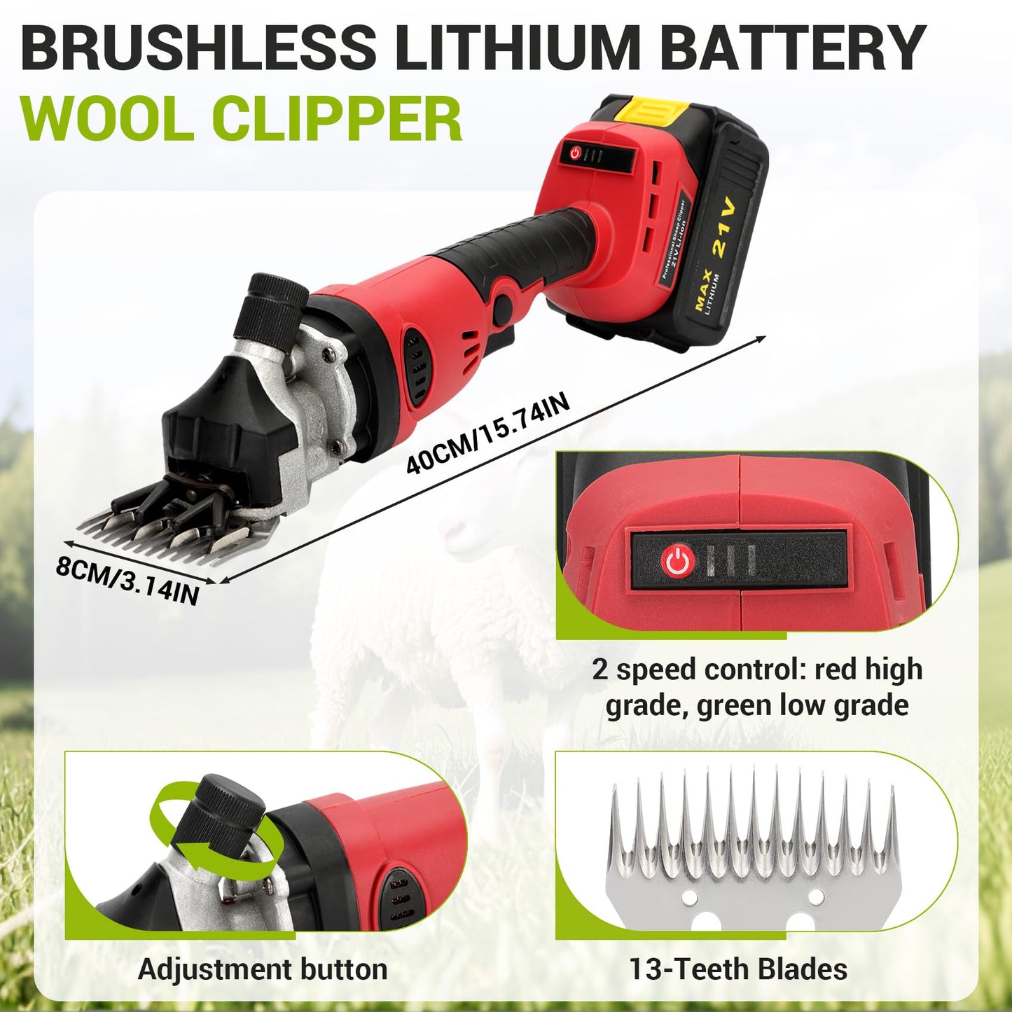 Mokemok Cordless Electric Sheep Shears - 3000mAh Brushless Motor 2000RPM, 6-Speed Adjustable Clippers for Goats, Heavy Duty Rechargeable Grooming Tool with High Hardness Blade & Safety Pressing Claw