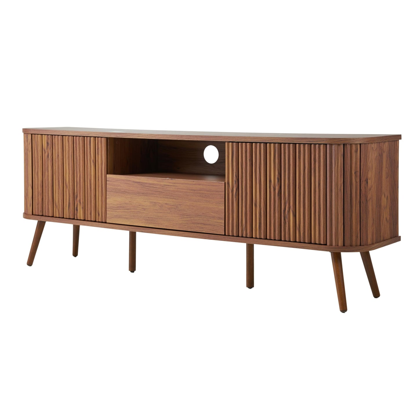 JONATHAN Y TVS1001B Damien 70 in. Farmhouse Curved TV Stand with Drawer and Storage Doors Fits TVs up to 75 in. with Cable Management, Walnut for Living Room, Bedroom, Dining Room