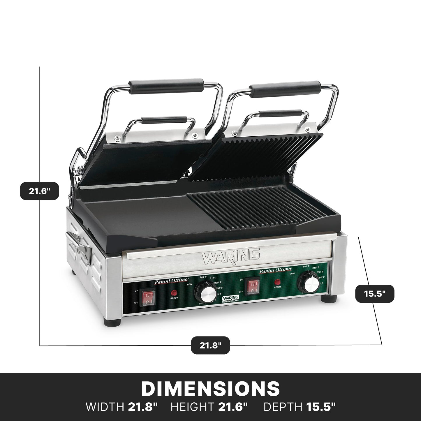Waring Commercial Dual Grill Half Panini and Half Flat Grill 240V (17" x 9.25" cooking surface)