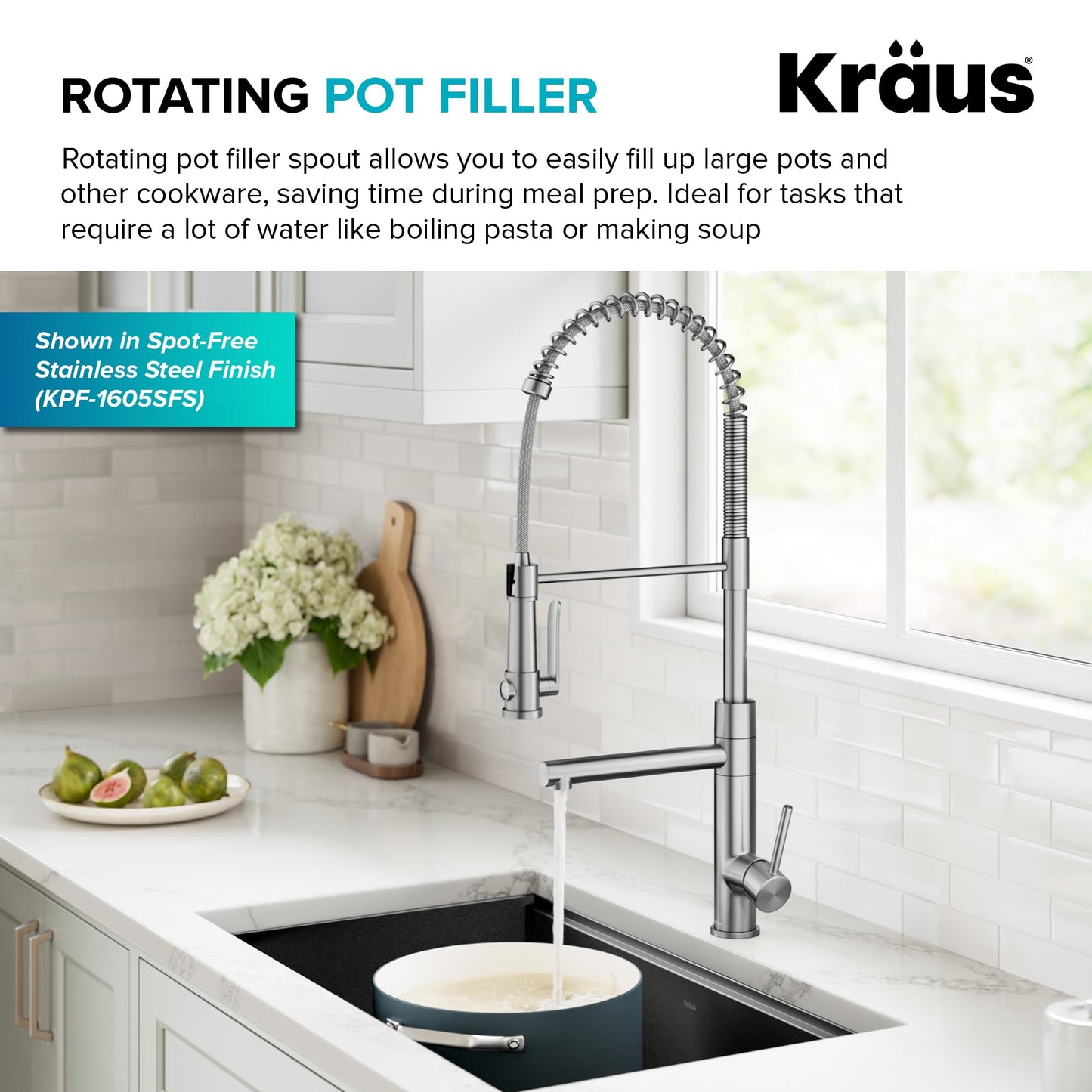KRAUS Artec Pro Commercial Style 2-Function Single Handle Pull Down Kitchen Faucet with Pot Filler in Spot-Free Stainless Steel/Matte Black, KPF-1605SFSMB