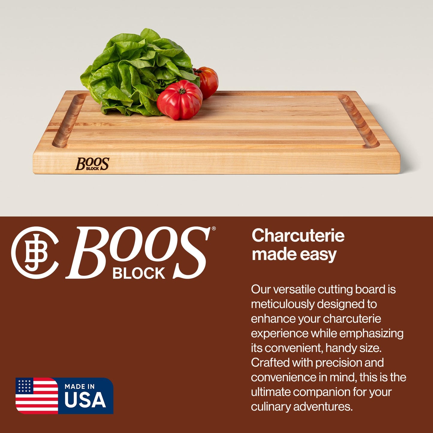 John Boos CB Series Rectangular Wooden Maple Cutting Board 24”x18” – 1.5” Thick, 18-lb Reversible Butcher Block with Juice Groove, Edge-Grain & Finger Grips – Made in the USA