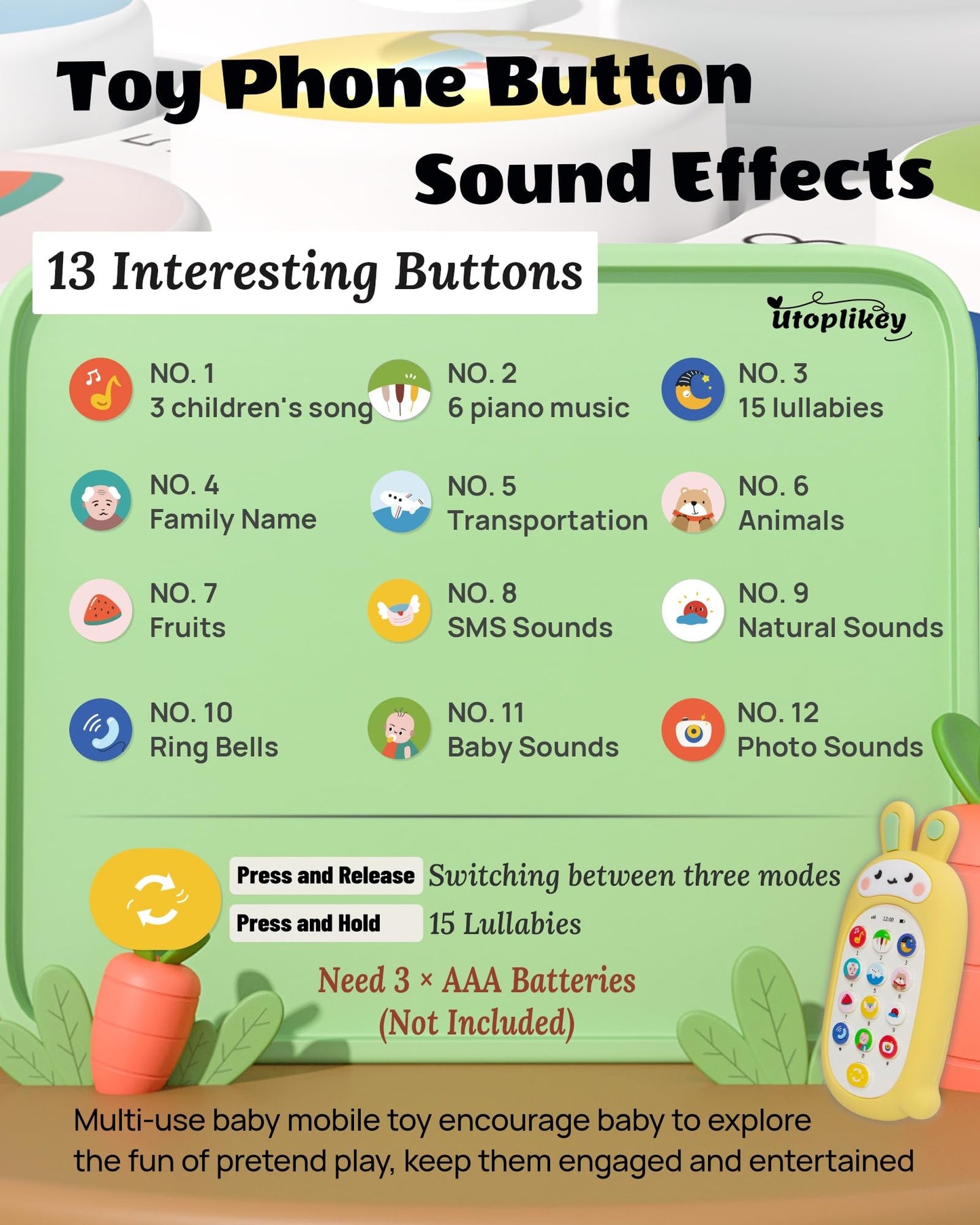 UTOPLIKEY Baby Cell Phone Toy with Teething Silicon Mobile Phone Shell, Sensory Comfort Toys with 12 Learning Modes & Soothing Lullabies, Gift for Toddler Infants Baby Shower Birthday (Yellow Bunny)