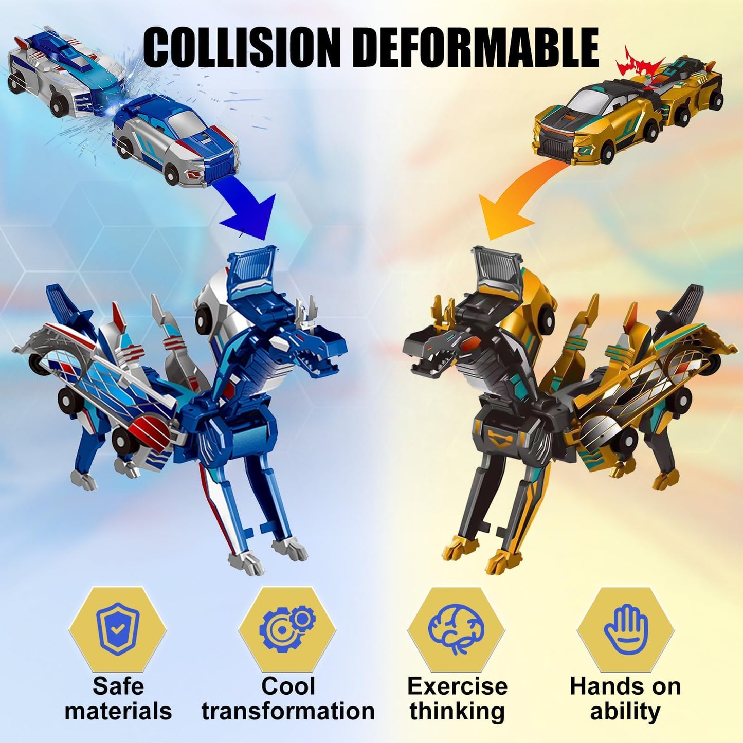 Aimery Collision Transforming Dinosaur Car Toy, 2 Magnetic Cars Convert into Dinosaur Toys,Dino Robot Toy, Boys Toys,Kids Toys, Party Birthday for Kids (Gold Blue)