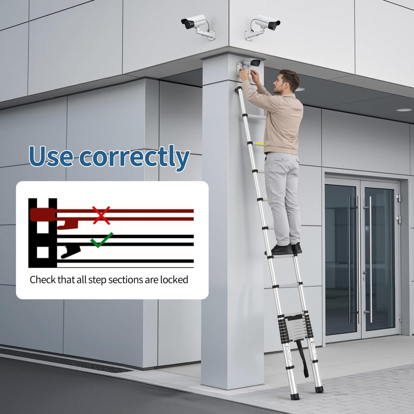 2026 New 17.9FT Heavy-Duty Aluminum Telescoping Ladder, 330LBS Capacity, One-Button Retraction Anti-Pinch, with Wall Support & Adjuster Pads, for Attic Roof Home Renovation