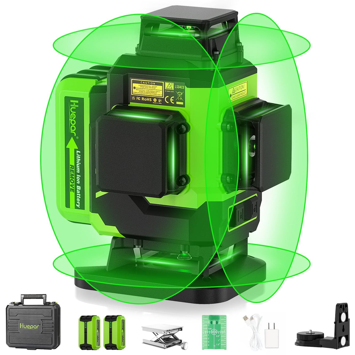 Huepar Laser Level, Self-leveling 16 Lines Green Beam 4D Cross Line Tiling Floor Laser Tool-2 x 360 Horizontal & 2 x 360 Vertical Laser Lines with Two Li-ion Batteries and Hard Carry Case-LS04CG