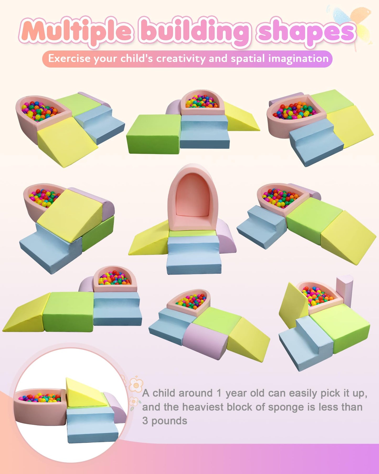 Auksay Baby Climbing Blocks, Soft Play Set for Crawling Baby 6-12 Months, Anti-Slip Particles Bottom & Velcro Connectors, High-Density Foam Gym with Soft Fabric Cover (Balls not Included)(Colorful)