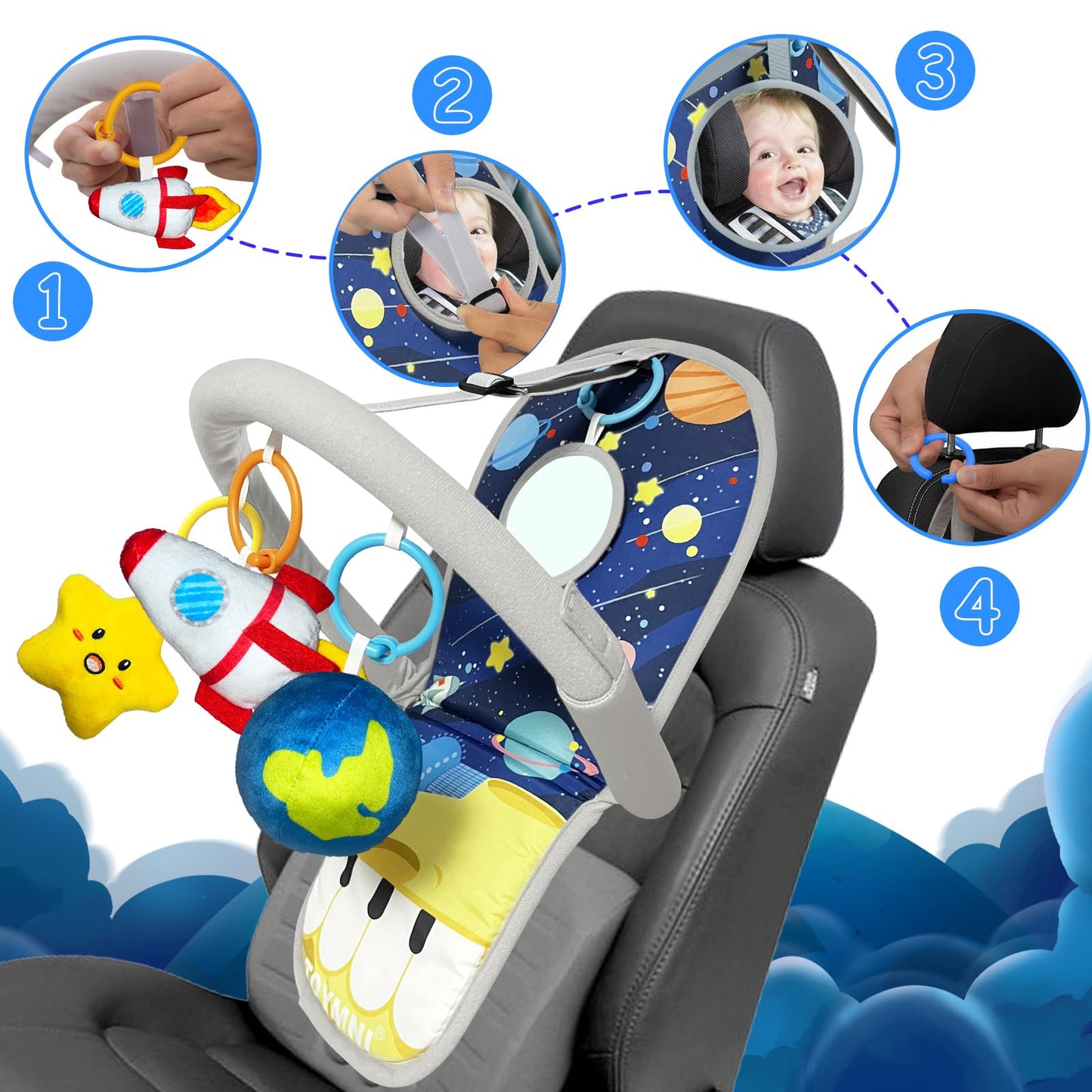 TOYMNI Car Seat Toys for Baby Infant 6 Months and Up, Carseat Toys with Musical Pedal Piano, Baby Mirror and Hanging Squeaky Sensory Soft Baby Toys 6 to 12 Months, Baby Car Toys Rear Facing