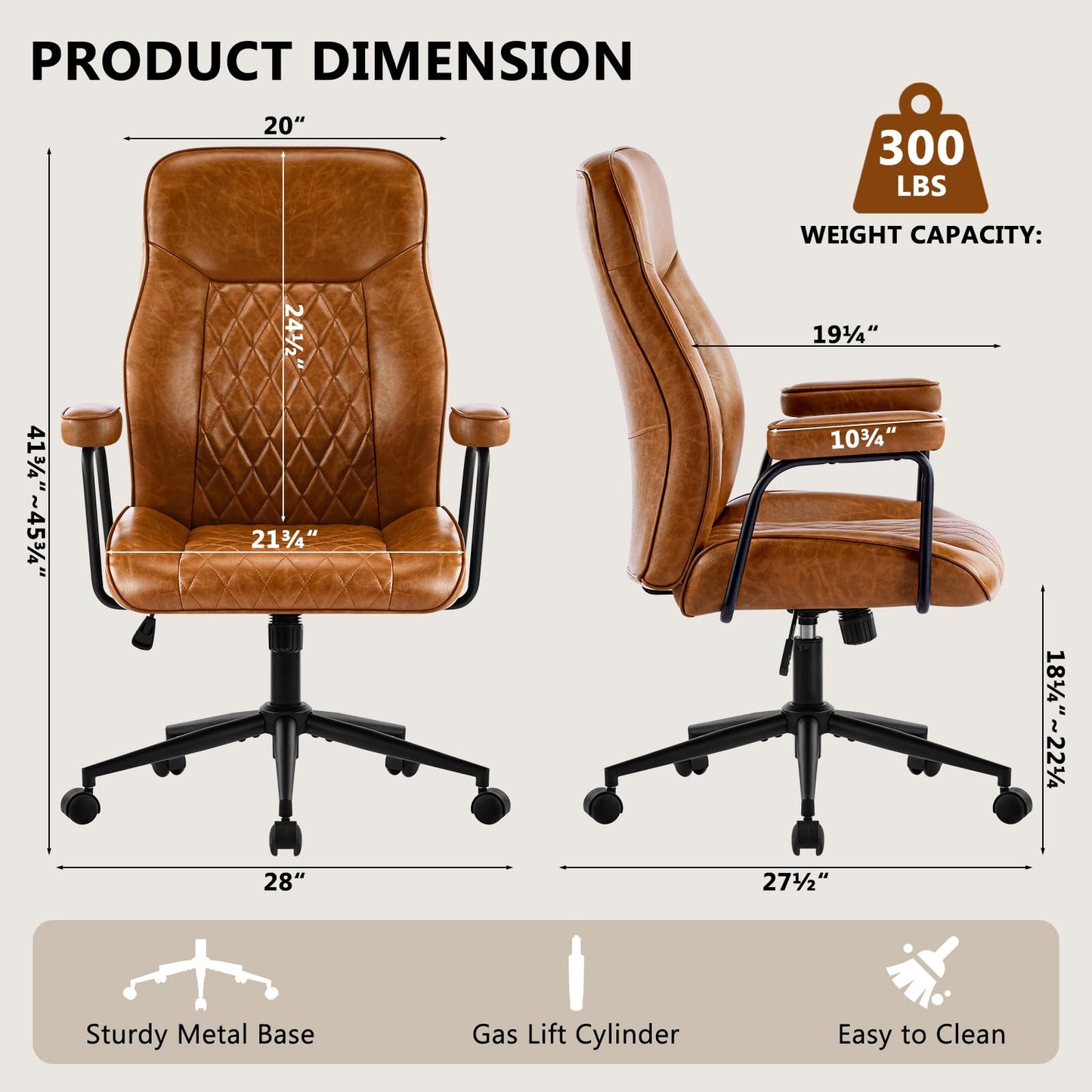 Furnistyle Leather Home Office Desk Chairs, Comfy Office Chair, Mid Century Modern Office Chair with Lumbar Support, Mid-Back Adjustable Swivel Computer Chair with Wheels and Arms, Brown