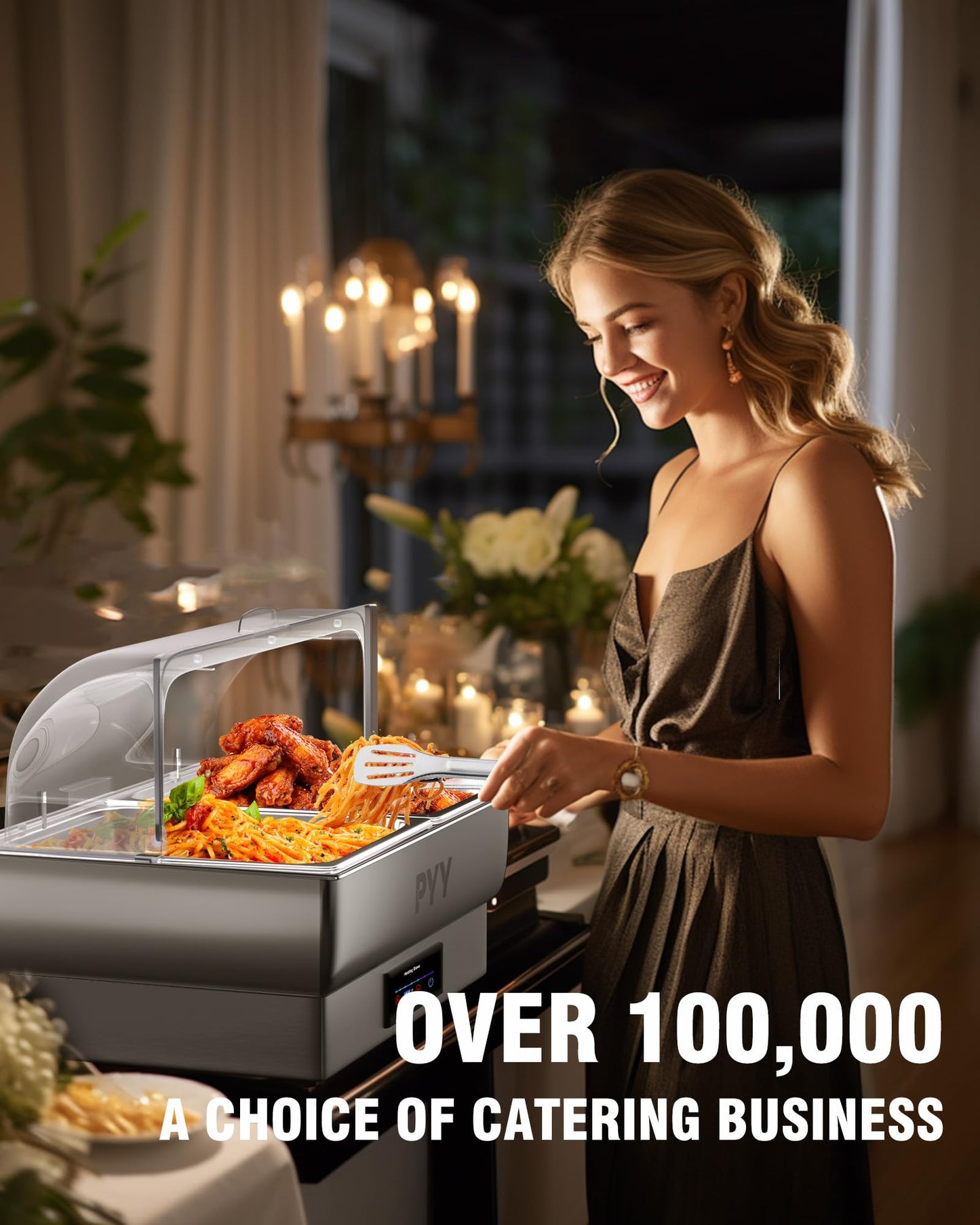 PYY Electric Chafing Dish Buffet Set, Roll Top Chafing Dish, Stainless Steel Chaffing Server Set Chafer for Catering,Buffets (2 Half-Size with Lid)