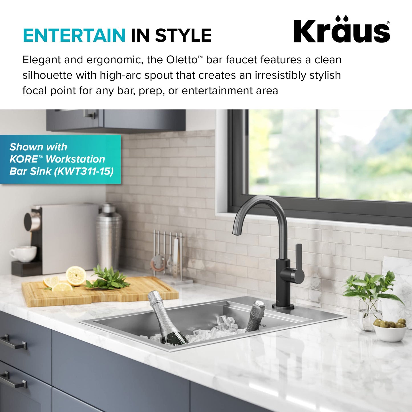 Kraus Oletto Single Handle Kitchen Bar Faucet in Matte Black/Spot Free Black Stainless Steel, Kitchen Sink Faucets, KPF-2822MBSFSB
