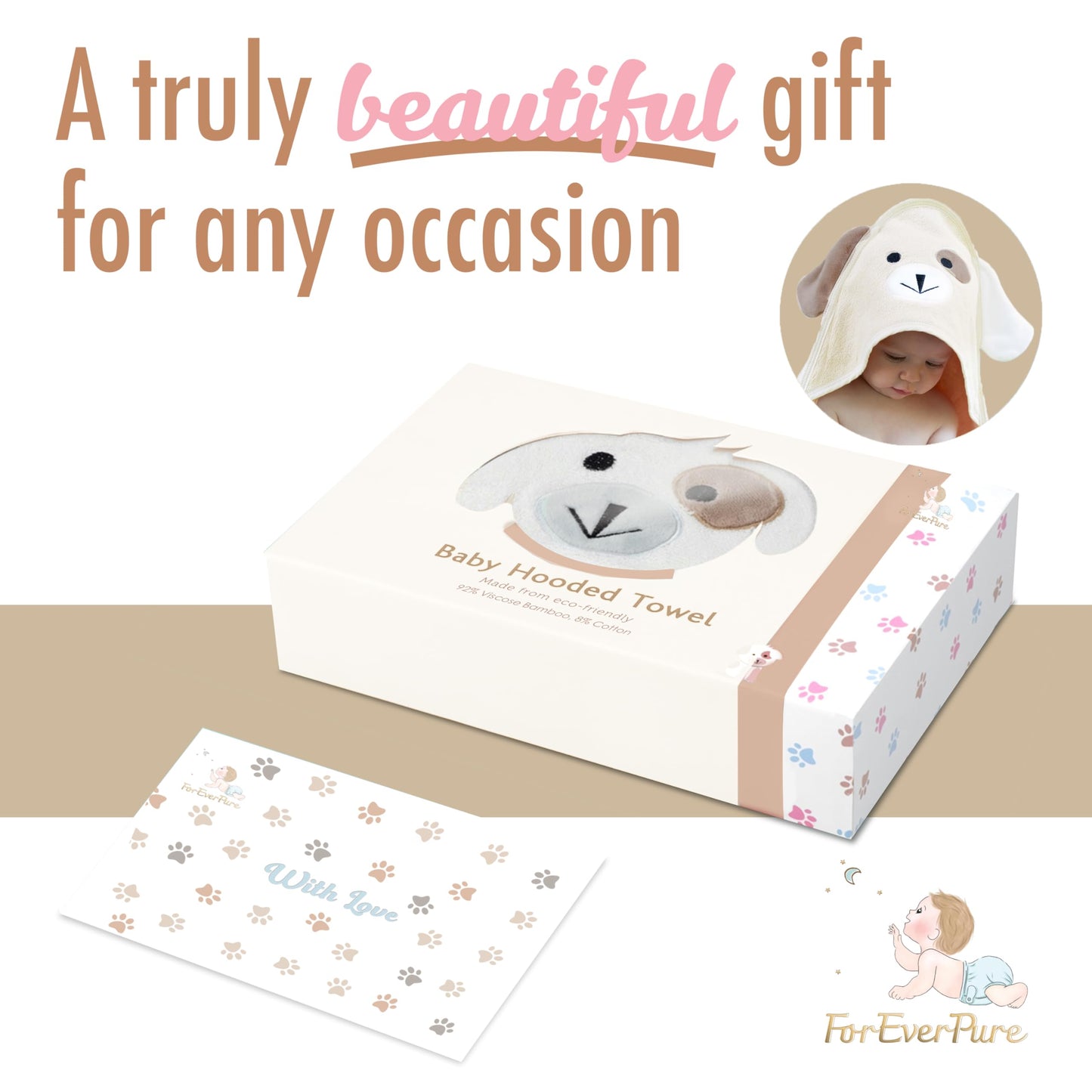 FOREVERPURE Baby Towels with Hood - Soft, Absorbent Viscose Made of Bamboo, Extra Large 35 x 35 Inches, for Newborns, Infants, Boys and Girls, Cream