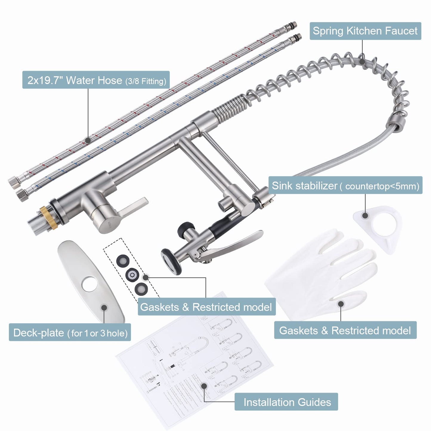 Commercial Kitchen Faucet Deck Mount with Pre-Rinse Sprayer, WOWOW 28" Height Solid Brass Commercial Kitchen Sink Faucet, Brushed Nickel Spring Kitchen Faucet 1 or 3 Hole