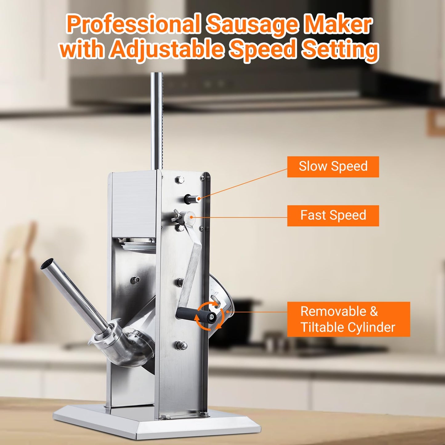 Sausage Stuffer, Manual 7LBS/3L Sausage Maker Machine, Meat Stuffer with Dual Speed, Stainless Steel Heavy Duty Sausage Filler with 5 Stuffing Tubes, for Commercial and Home Use