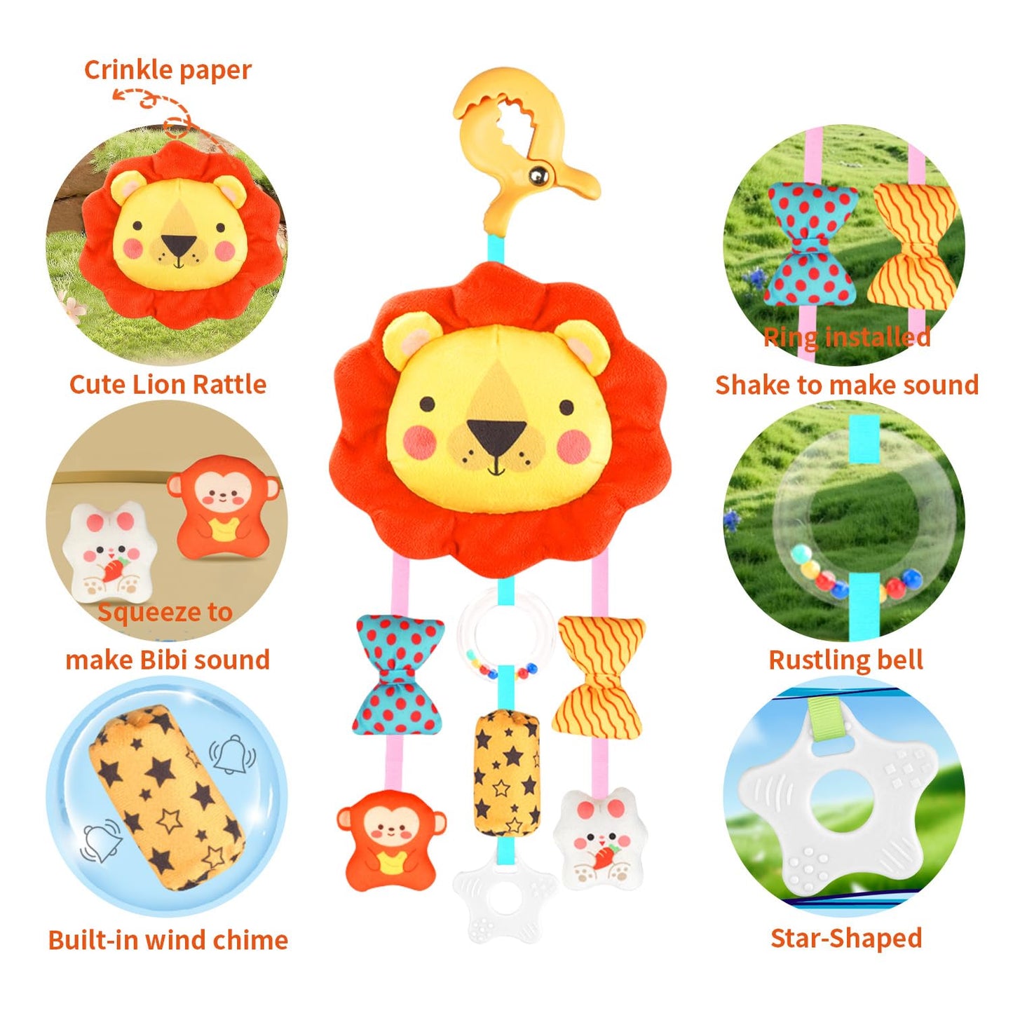 MokukuToys Baby Toys for 0 3 6 9 12 Months, Plush Animal Sensory Hanging Rattle,Newborn Interactive Soft Toys for Baby,Car Seat Stroller Toys Gift for Infant Boy Girl
