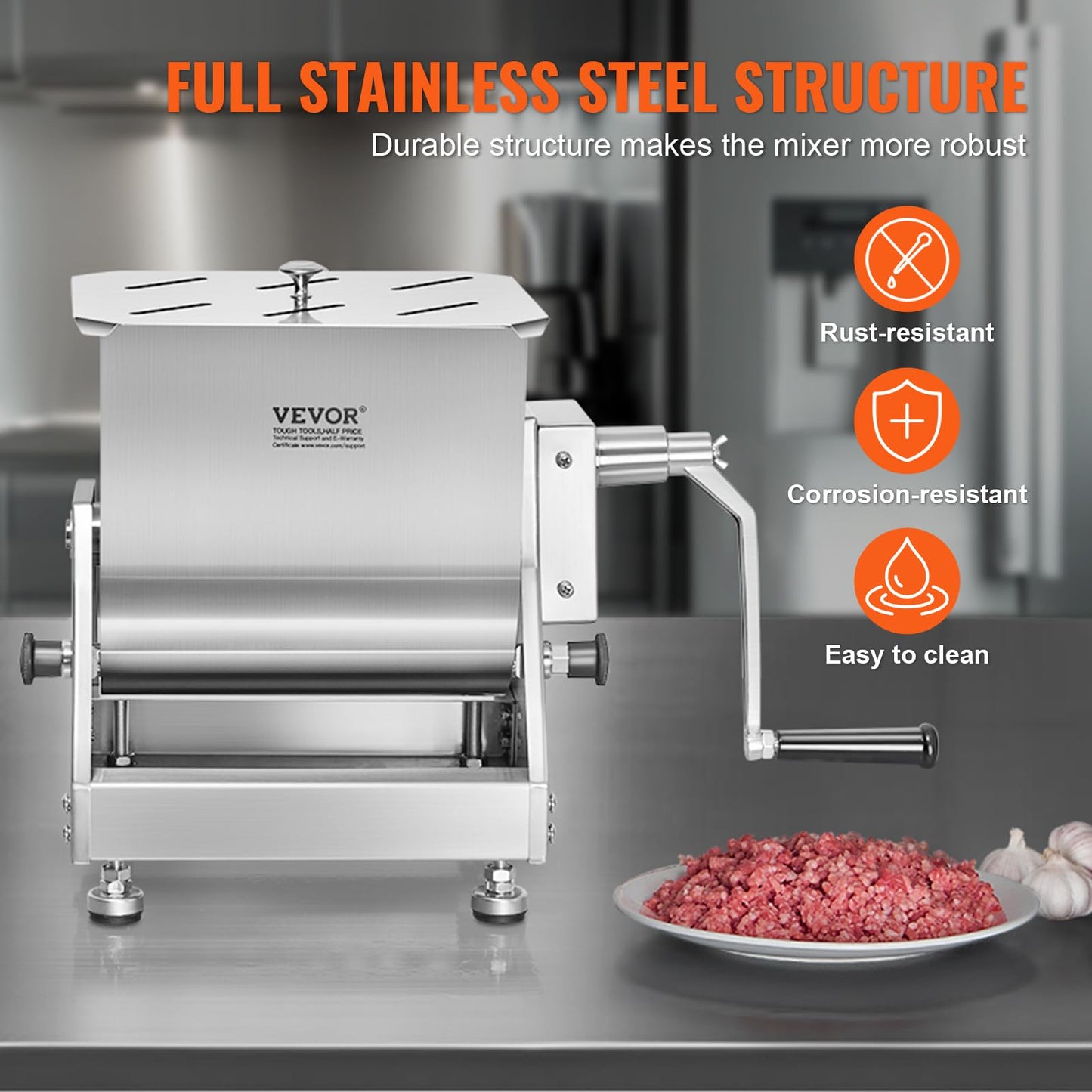 VEVOR Manual Meat Mixer, 15 Pound Capacity Tilt Tank Meat Mixer, Stainless Steel Meat Processing Equipment, Sausage Mixer Machine with Lid and Handle, Ground Beef Hand Mixer, Silver