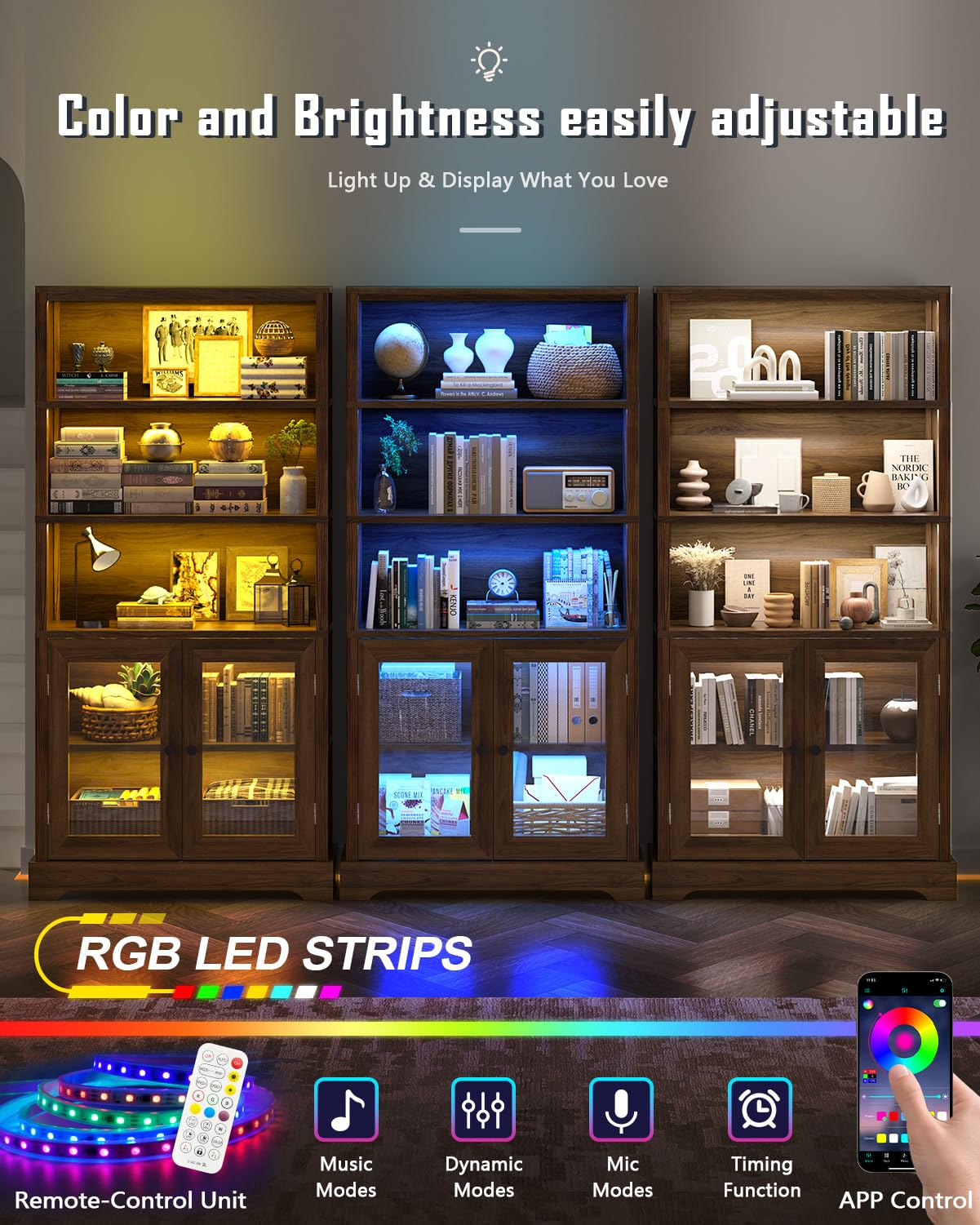 TVU 5-Tier Bookshelf, 65" Bookshelf with Multi-Color Ambient Lights (APP Remote Control), Tall Display Shelf with Cabinet Doors, Suitable for Living Room, Bedroom, Study, Office, Rustic Brown