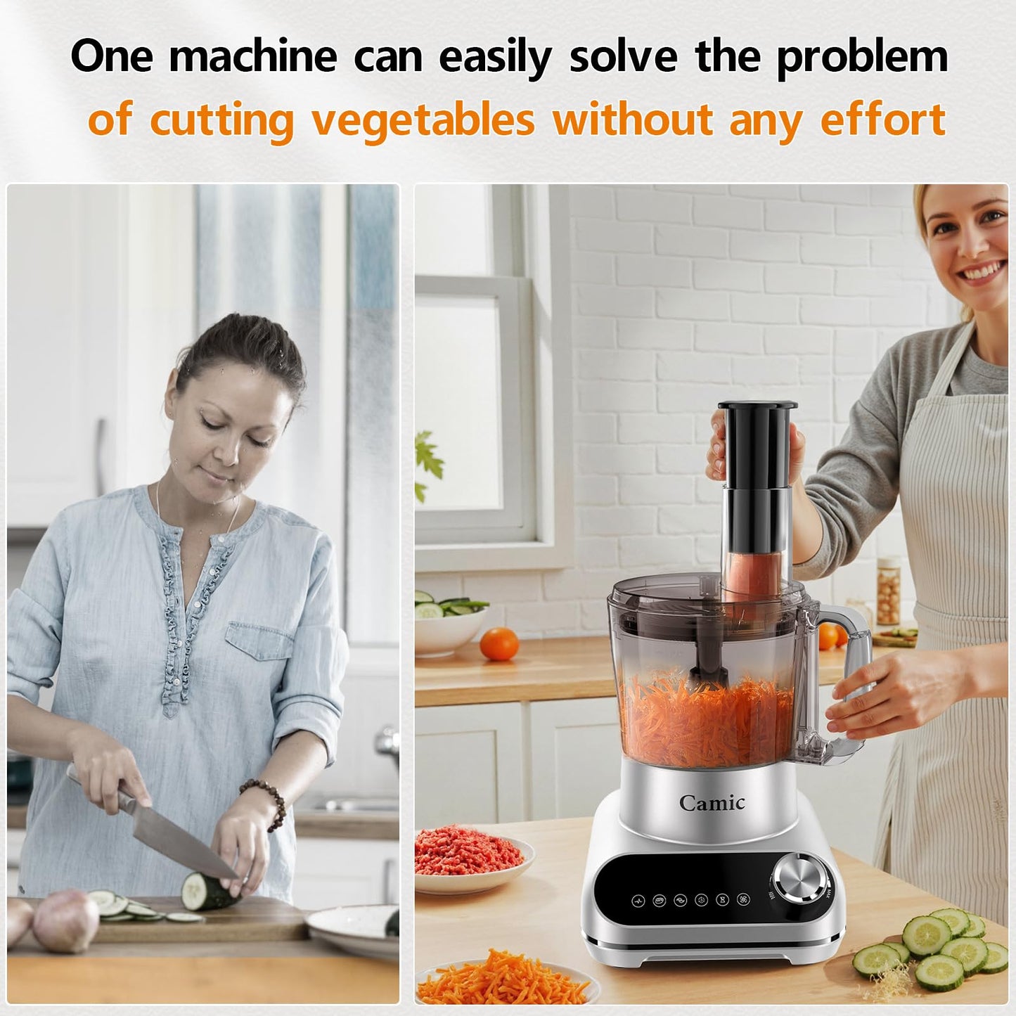 Camic 600W Food Processor, 72OZ Large Capacity Countertop Electric Vegetable Chopper with 6 Preset Programs, Dough Blade, Slicing,Shredding, Whipping attachments for Ice Crushing, Mixing, Chopping