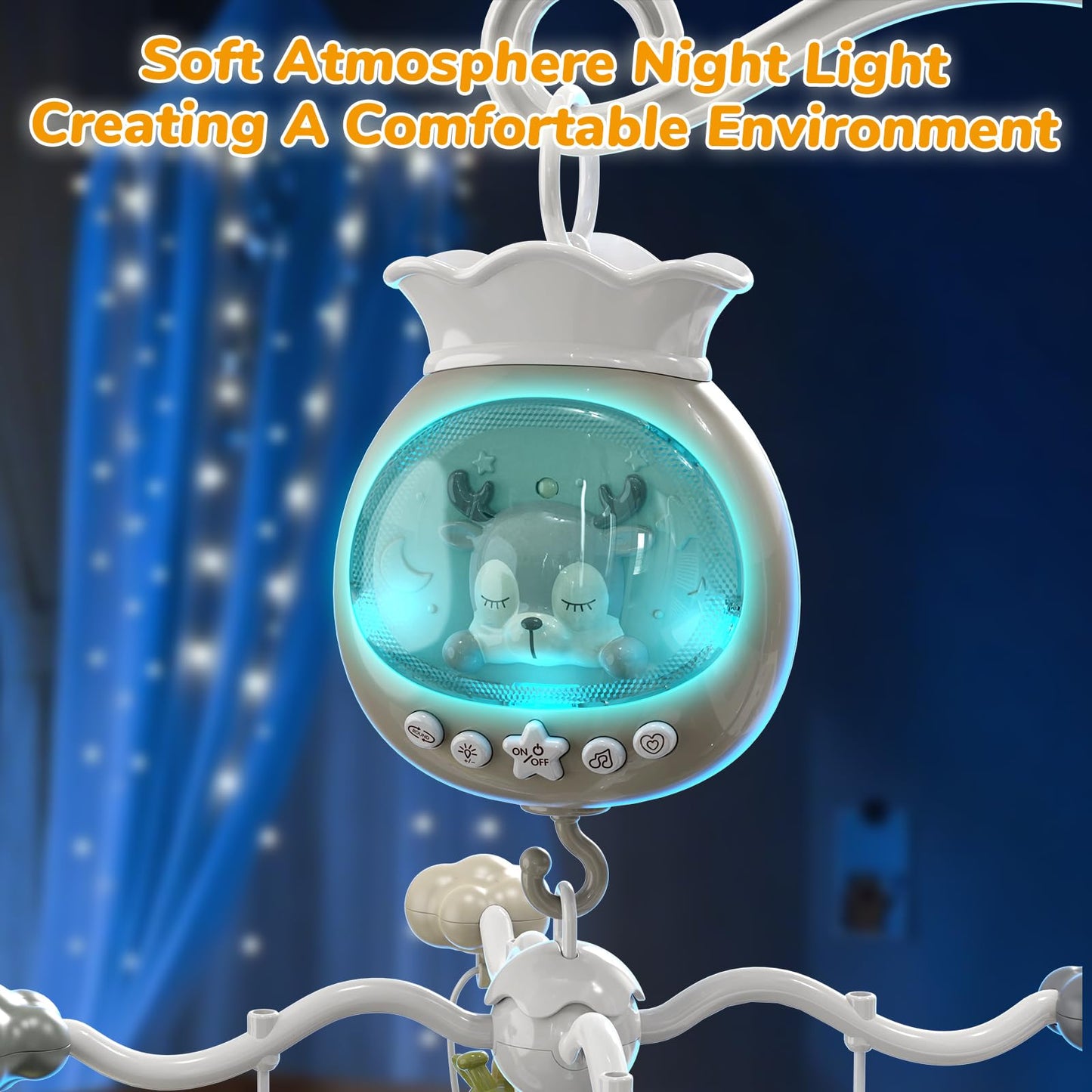 Crib Mobile with Music and Lights, Baby Mobiles for Cribs, Nursery Mobile Arm Hanging Toys for Bassinets Girls Boys Babies, Musical Infant Space Portable Mobiles Clip On Pack and Play Hanger