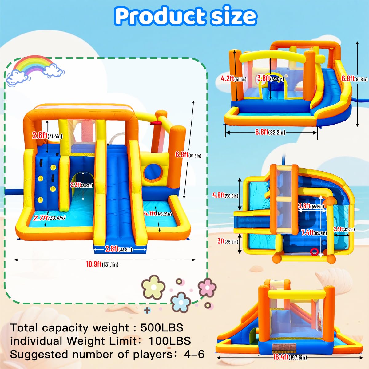 Baralir 16.5x11FT Heavy Duty Bounce House Water Slide Combo for Big Kids, Wet/Dry Split Play Zones, Kids Bounce House with 2 Independent Slides, 2 Climbing Walls & 2 Pools, 2 Crawl Tunnels
