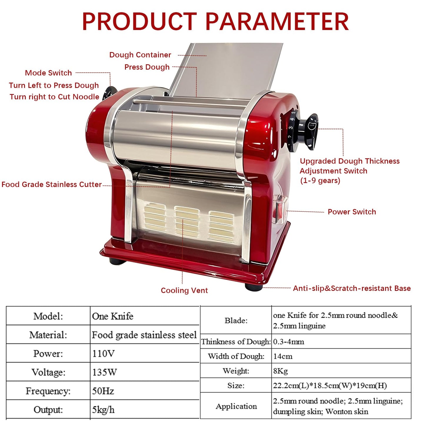 SHILINTONG Electric Pasta Maker Household Noodle Making Dough Pressing Machine Built-in 2.5mm Cutter 135W 5Kg/H Output for Commercial Home Use