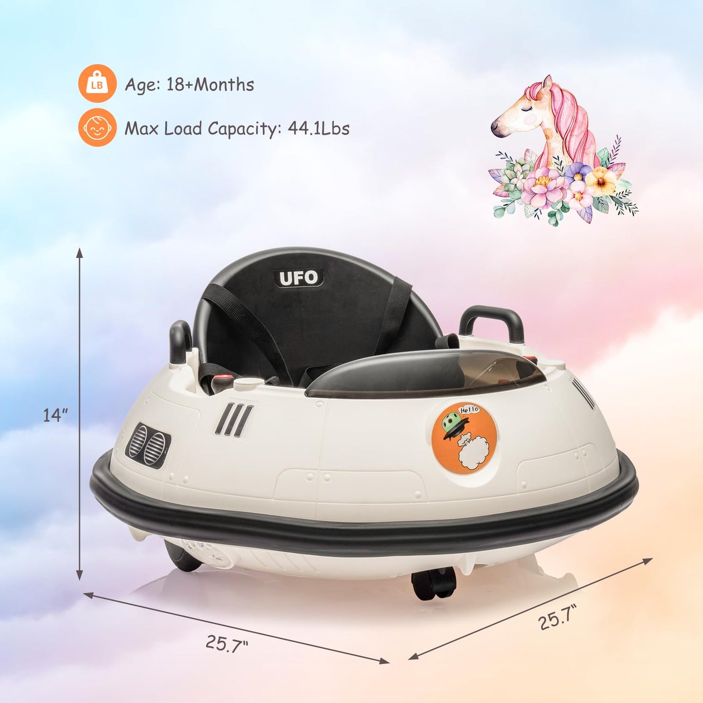 Ride On Bumper Car, 12V Electric Toddlers Car with Remote Control, Safety Belt, Music, Flashing Lights, 360 Degree Spin, Bumper Car for Toddlers,Kids,White