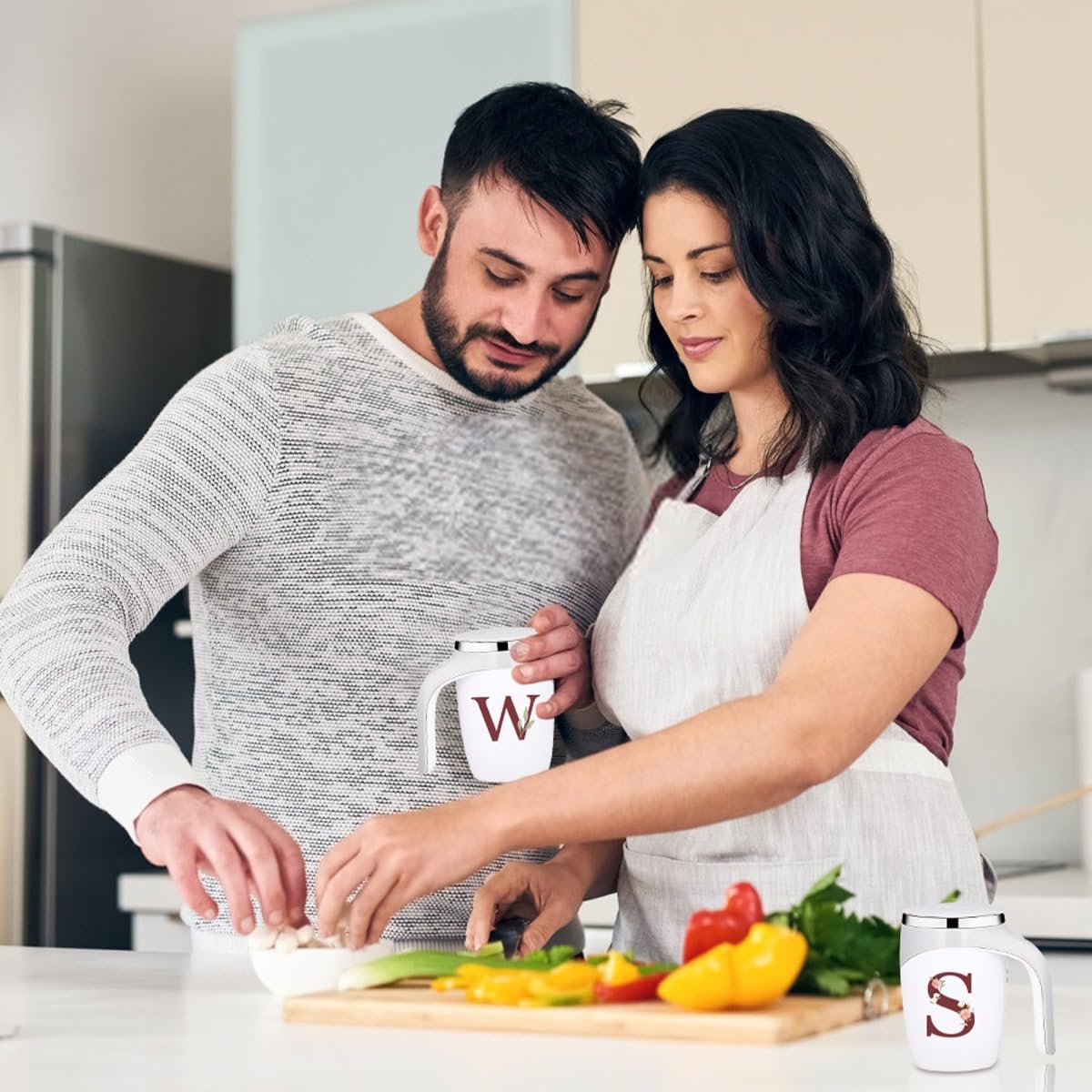 Self Stirring Coffee Mug, Personalized Initial Magnetic Stirring Mug, Stainless Steel Insulated Travel Cup Cool Women Birthday Christmas Unique Gift Husband Wife Mother Grandma Girlfriend Ideal