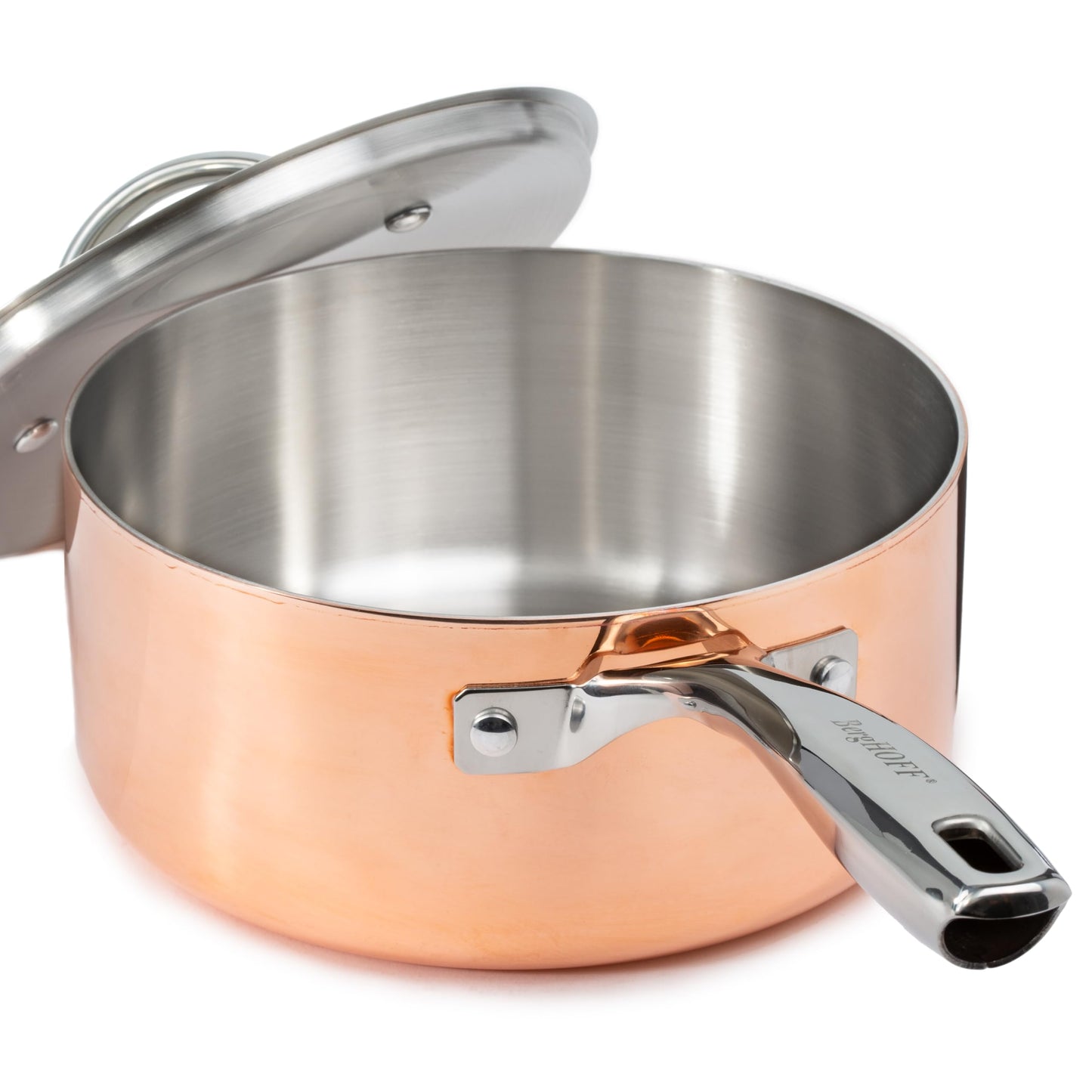 BergHOFF Vintage 5Pc Tri-Ply Copper 18/10 Stainless Steel Cookware Large Sized Set With Matching Lids, Polished, Long Ergonomic Shaped Handle, 3-layer Base, Gold