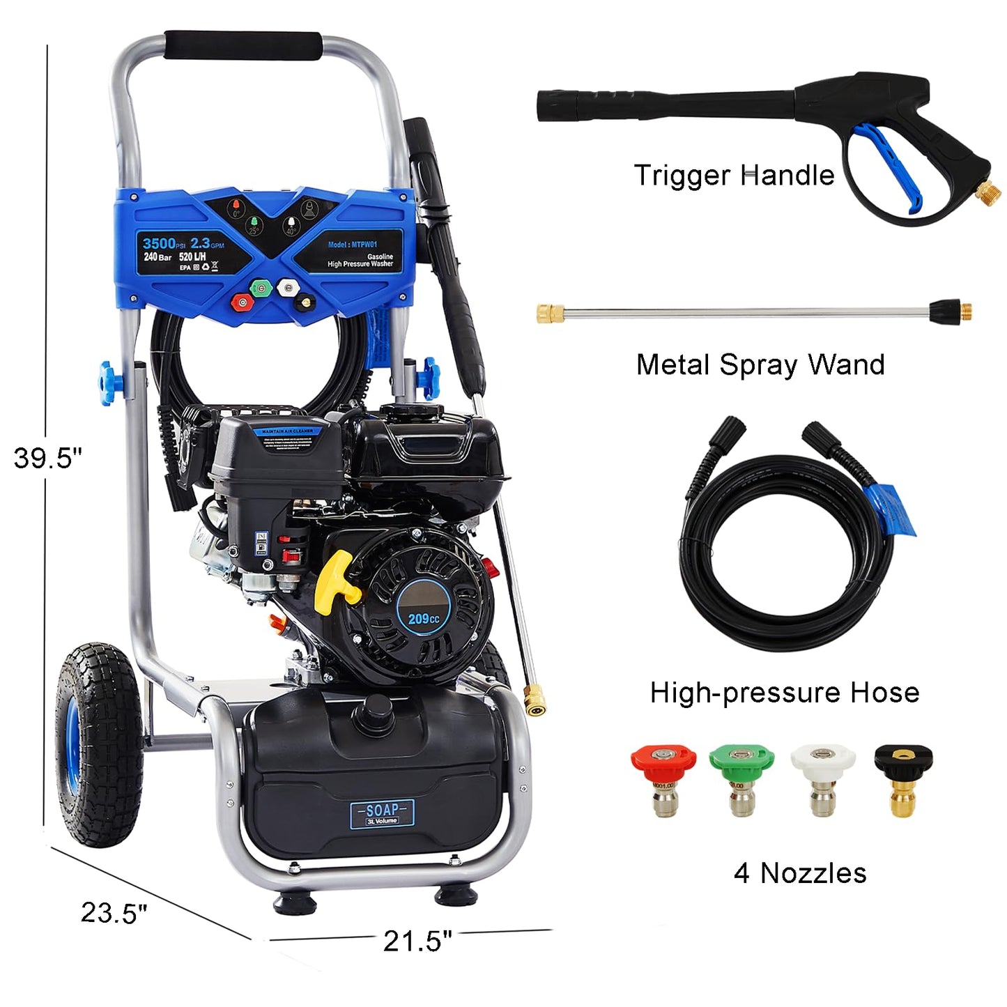 Ezasin Gas Pressure Washer 3500 PSI, 2.3 GPM Heavy Duty High Power Washer,209CC 7HP Engine with 25Ft Pressure Hose, Axial Aluminum Pump, Soap Tank, 4 Quick Connect Nozzle (Blue)