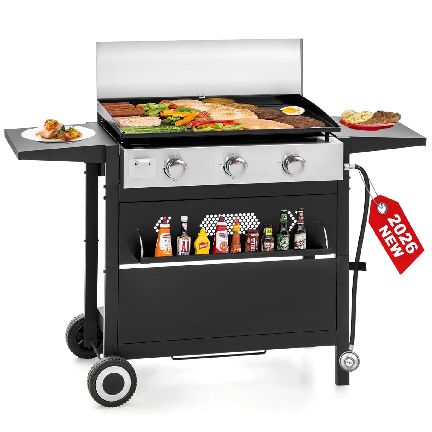 GREEN PARTY 3 Burner Propane Gas Griddle with Removable Standing Cart, Convertible to Tabletop Design, 27 inch Flat Top Grill for Outdoor Cooking Camping Tailgating Barbecue