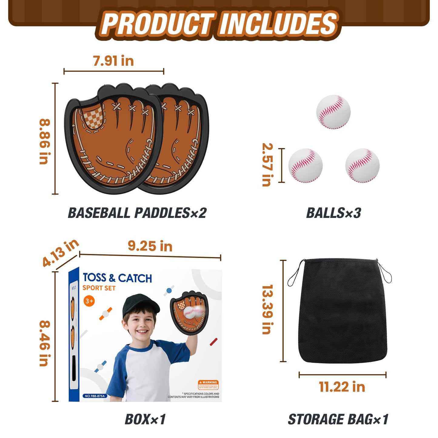 HYES Toss and Catch Ball Set, Outdoor Games for Kids, Beach Yard Camping Toys for Adult & Family, Kids Baseball Glove for 3 4 5 6 7 8+ Year Old Boys & Girls (2 Paddles & 3 Balls)