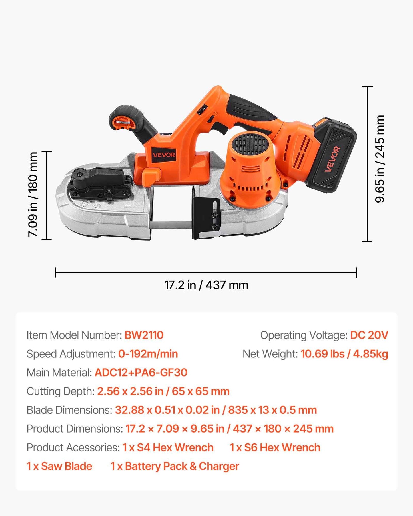 VEVOR 20V Portable Band Saw Kit, 2.56-Inch Deep Cut, 360W Bandsaw with Brushless Motor, Cordless and Compact, for Cutting Metal, Wood, Compatible with Makita Batteries (Kit with 4.0 Ah Battery)