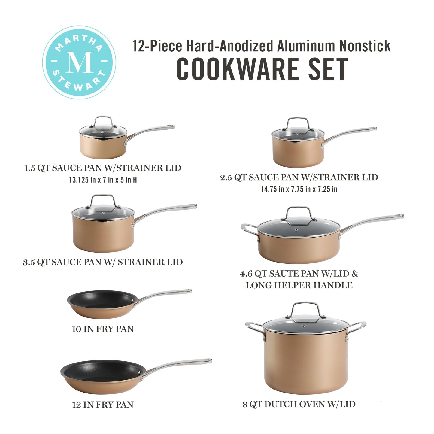 Martha Stewart 12 Piece Heavy Gauge Aluminum Hard Anodized Premium Nonstick Cookware Set, Induction Safe, Copper w/Black Interior