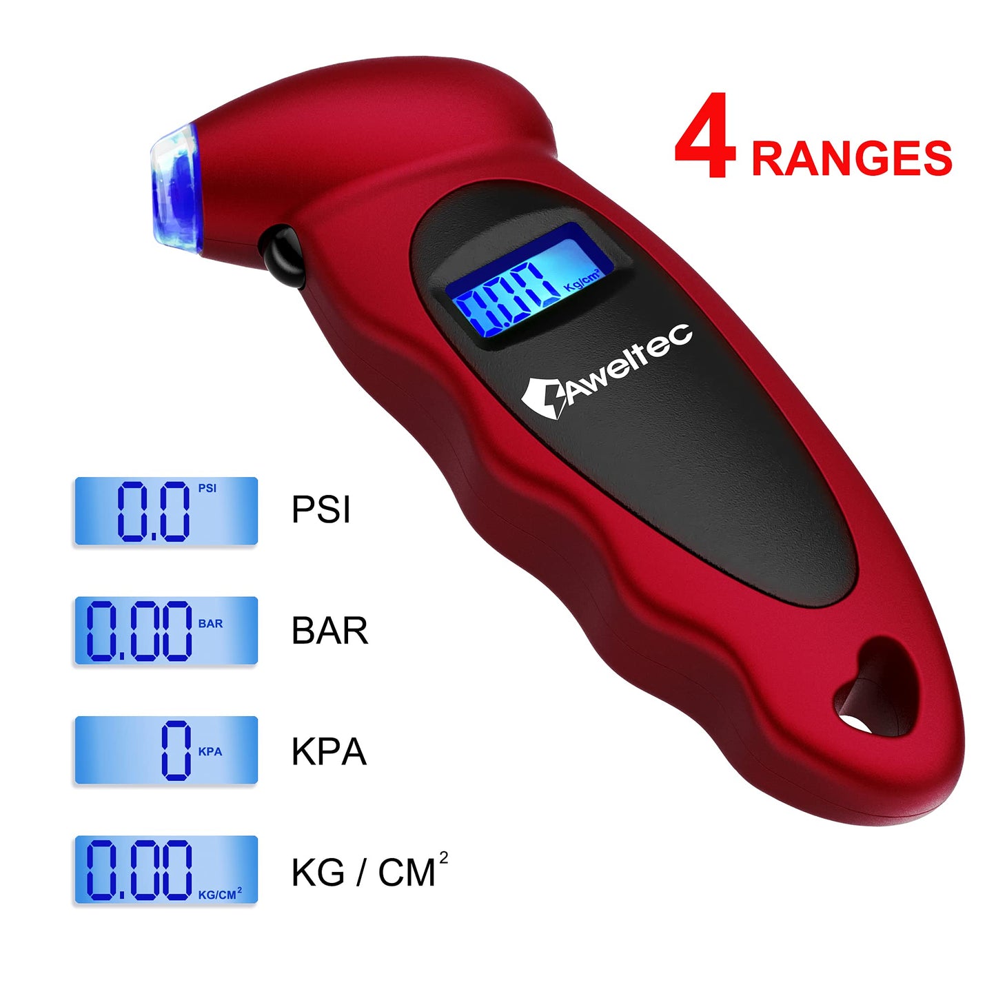 AWELTEC Digital Tire Pressure Gauge 150 PSI, 4 Settings, Tire Gauge for Car, Truck, Motorcycle, Bicycle with Backlit LCD and Non-Slip Grip (Red)