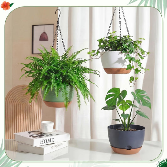 Suttmin 3 Pcs 8'' Hanging Planters for Plants Indoor Outdoor, Plastic Self Watering Pot with Drainage Holes Removable Tray, Hanging Baskets Flower Pot for Home Balcony Terrace Decoration(Multicolor)