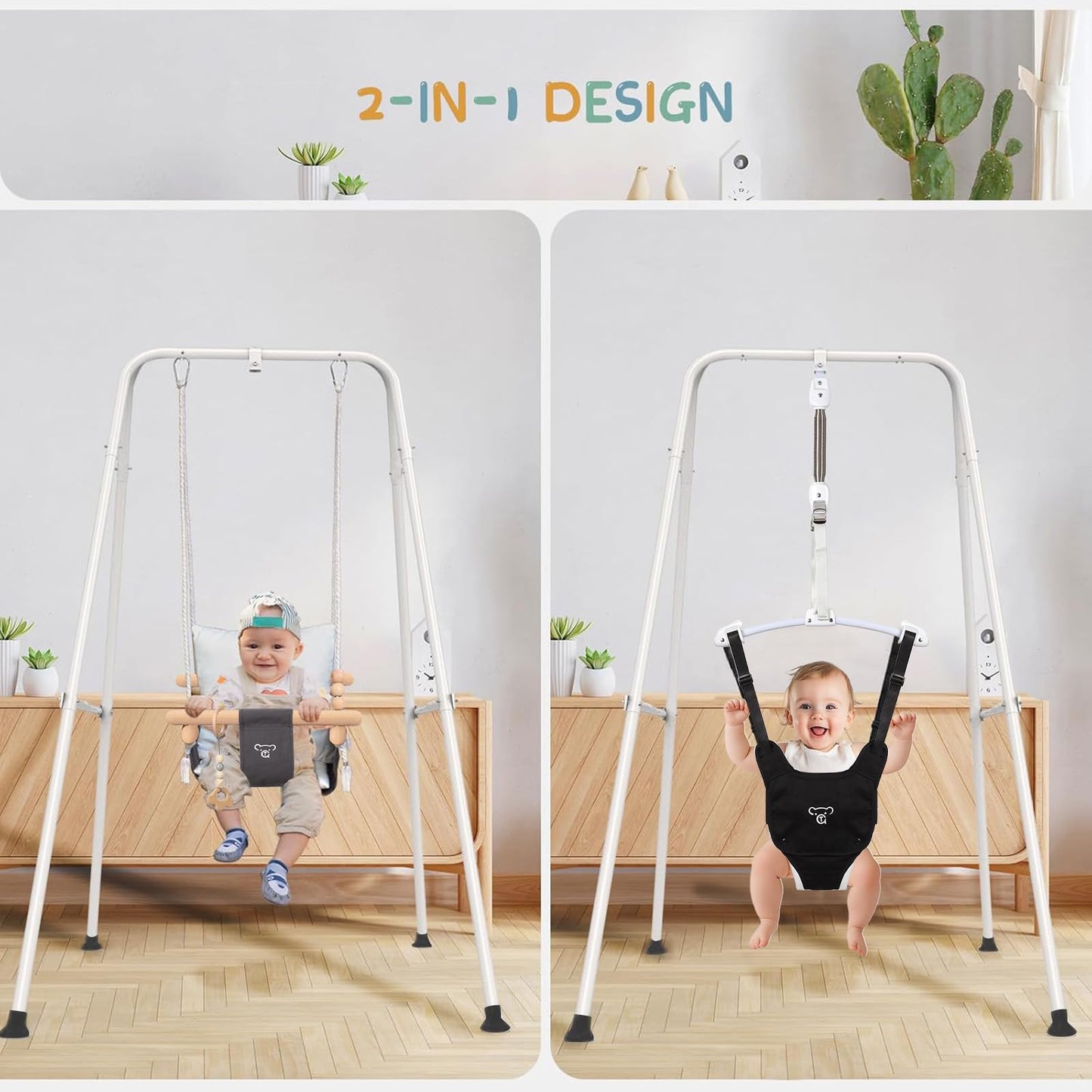 RAGOZONERY 2 in 1 Baby Jumper with Toddler Swing, Baby Jumpers and Bouncers,Indoor Outdoor Toddler Swing Set, Cotton, White