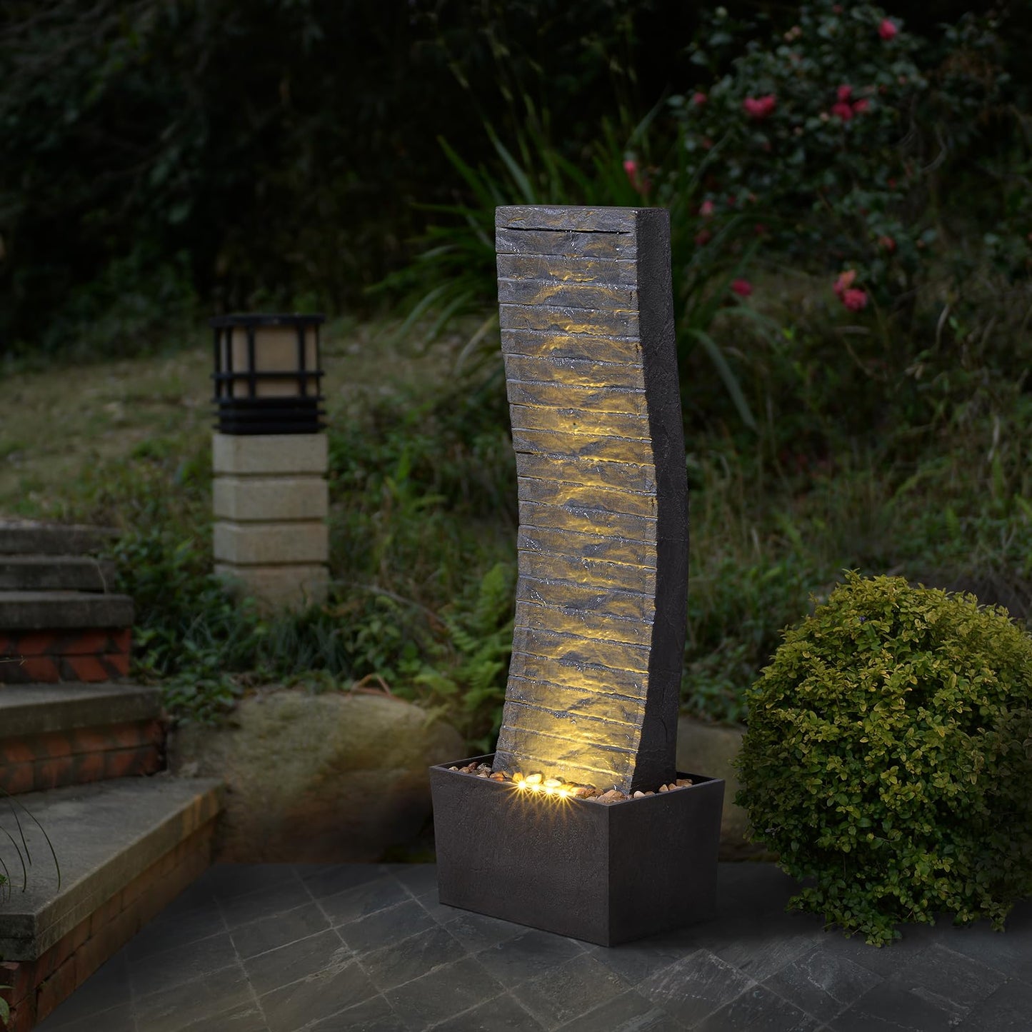 MSEONWXI Curved Outdoor Waterfall Fountain, 36.2" Elegant Outdoor Water Fountain with LED Lights for Patio, Garden, Backyard, Modern Large Relaxing Water Feature (24382)