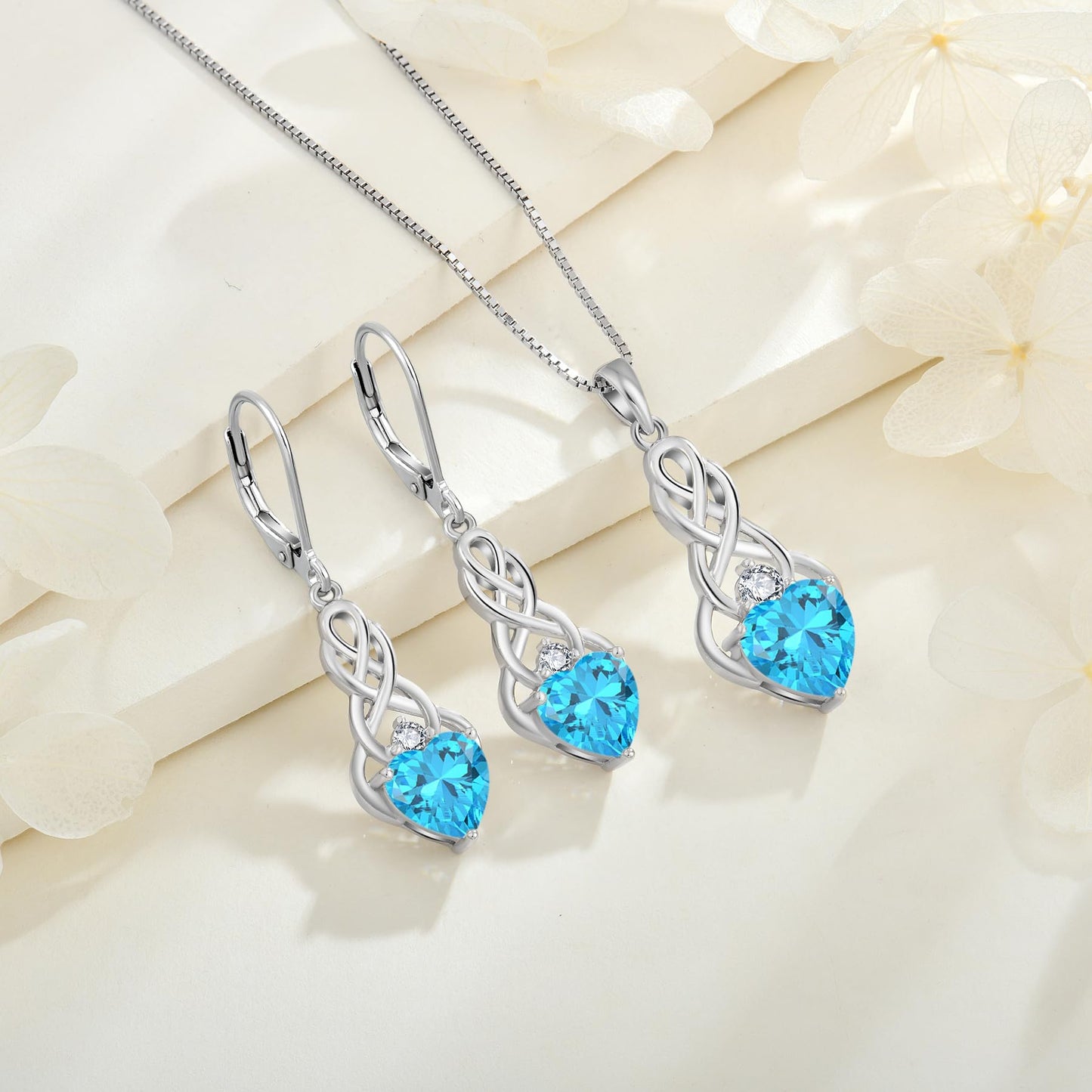 FJ Infinity Celtic Knot Jewelry Set for Women 925 Sterling Silver Aquamarine Necklace and Earrings Set March Birthstone Jewelry Gifts